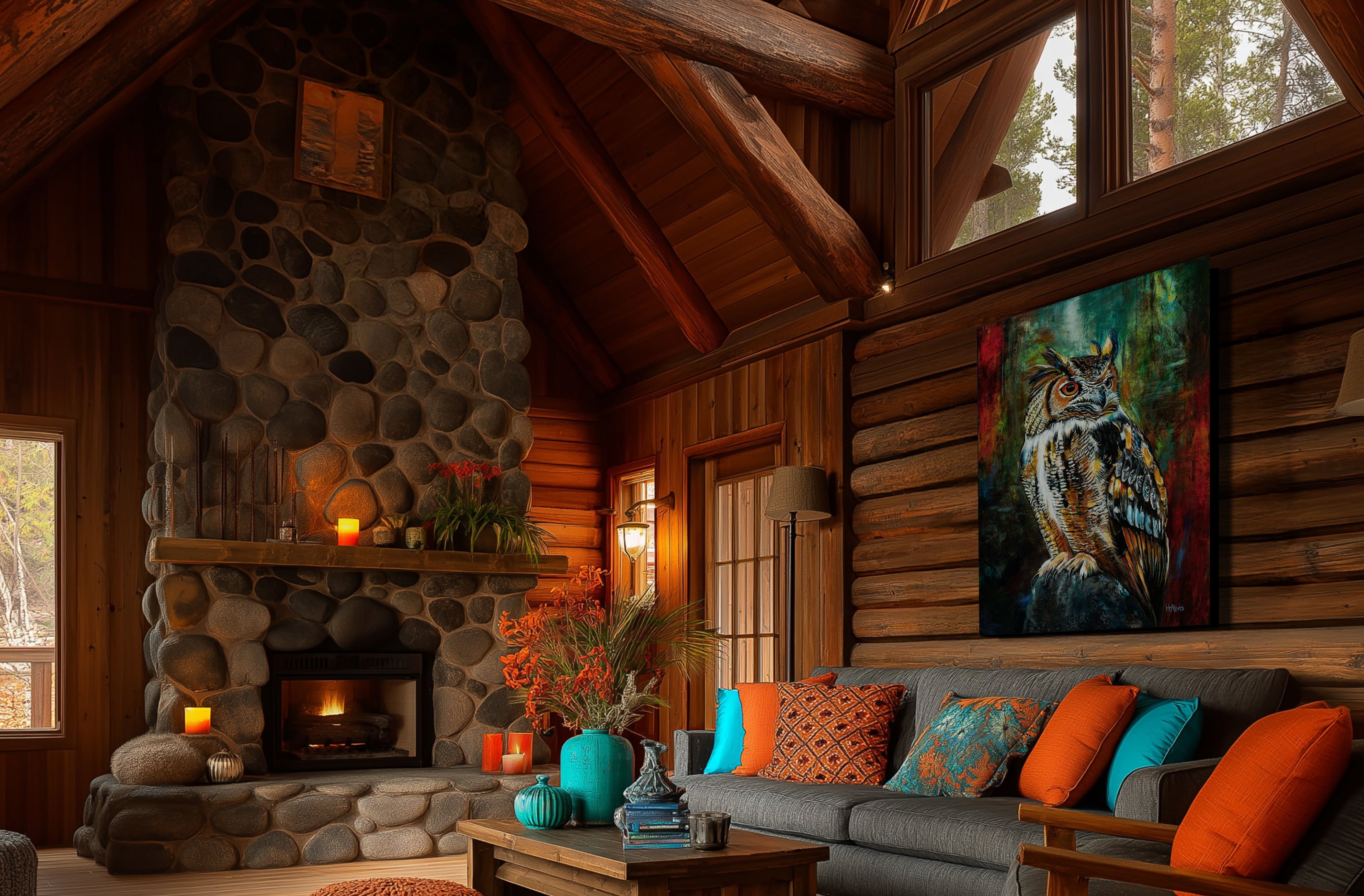 Owl Painting displayed on a wooden cabin wall.