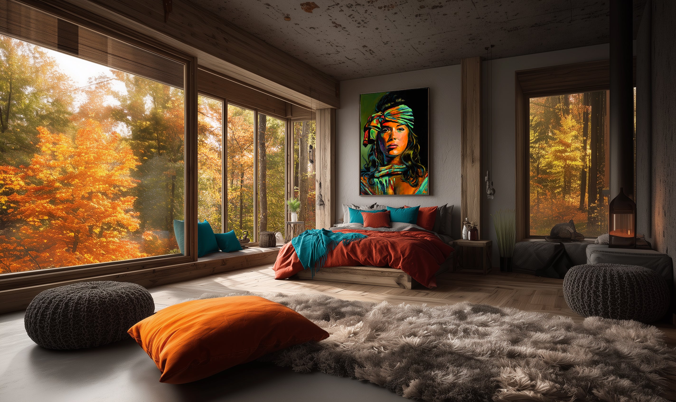 The Renewal Painting on a wall in an open style bedroom.