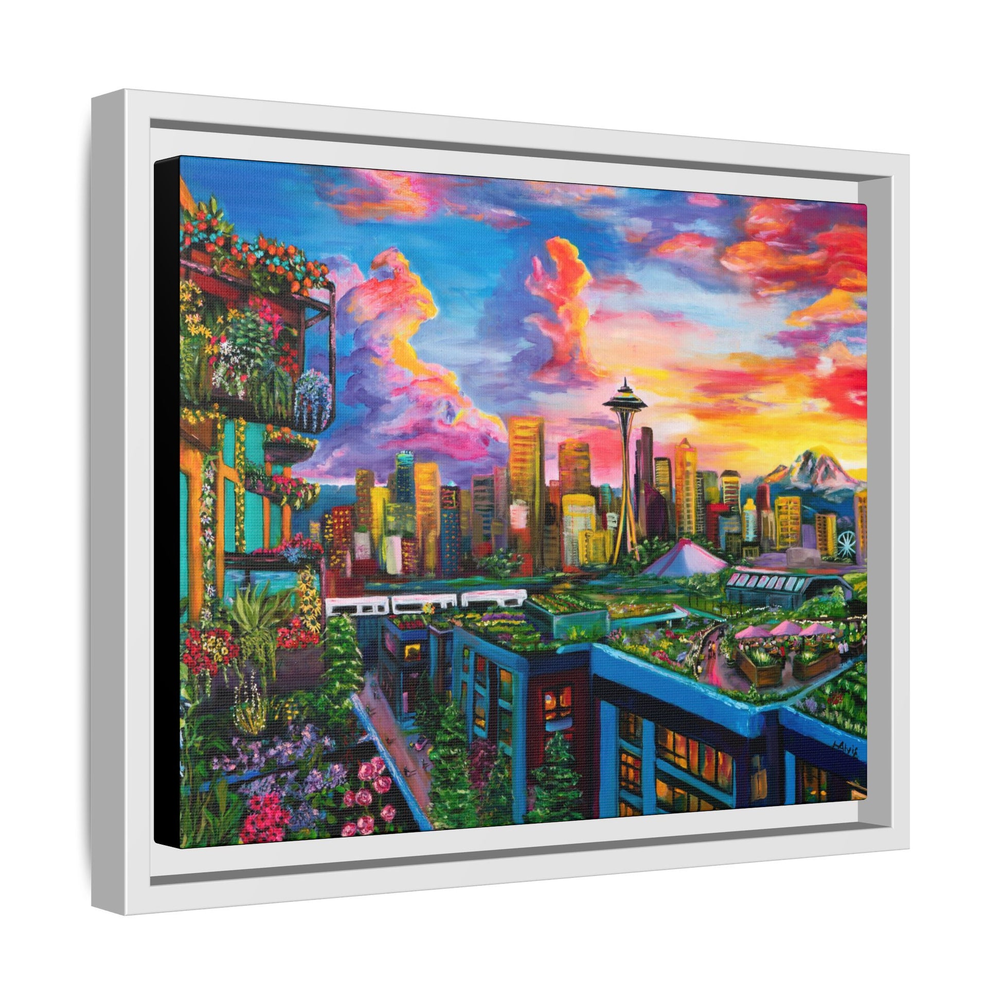 Seattle Sunset Skyline — Framed Canvas