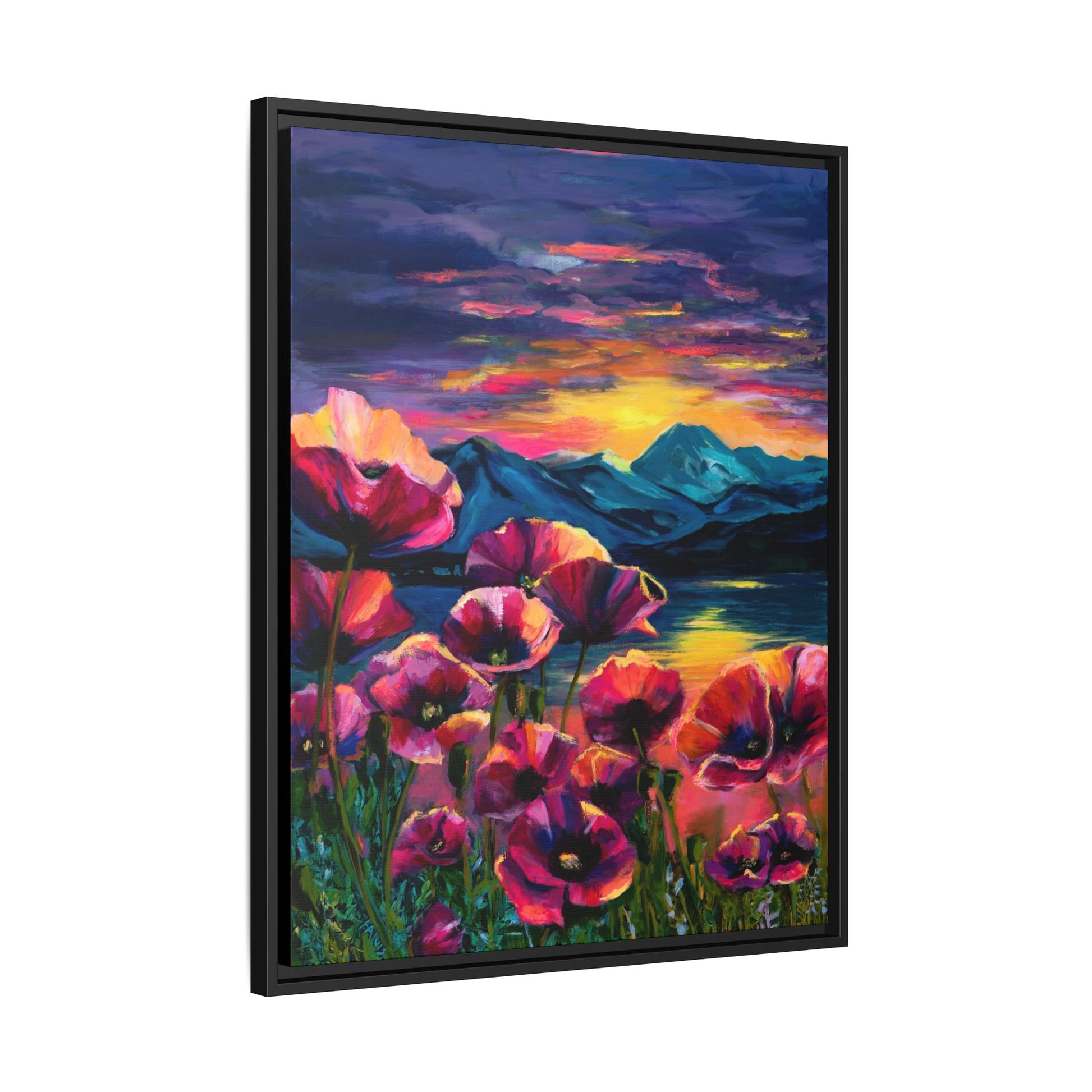 Poppy Sunset at the Lake — Framed Canvas