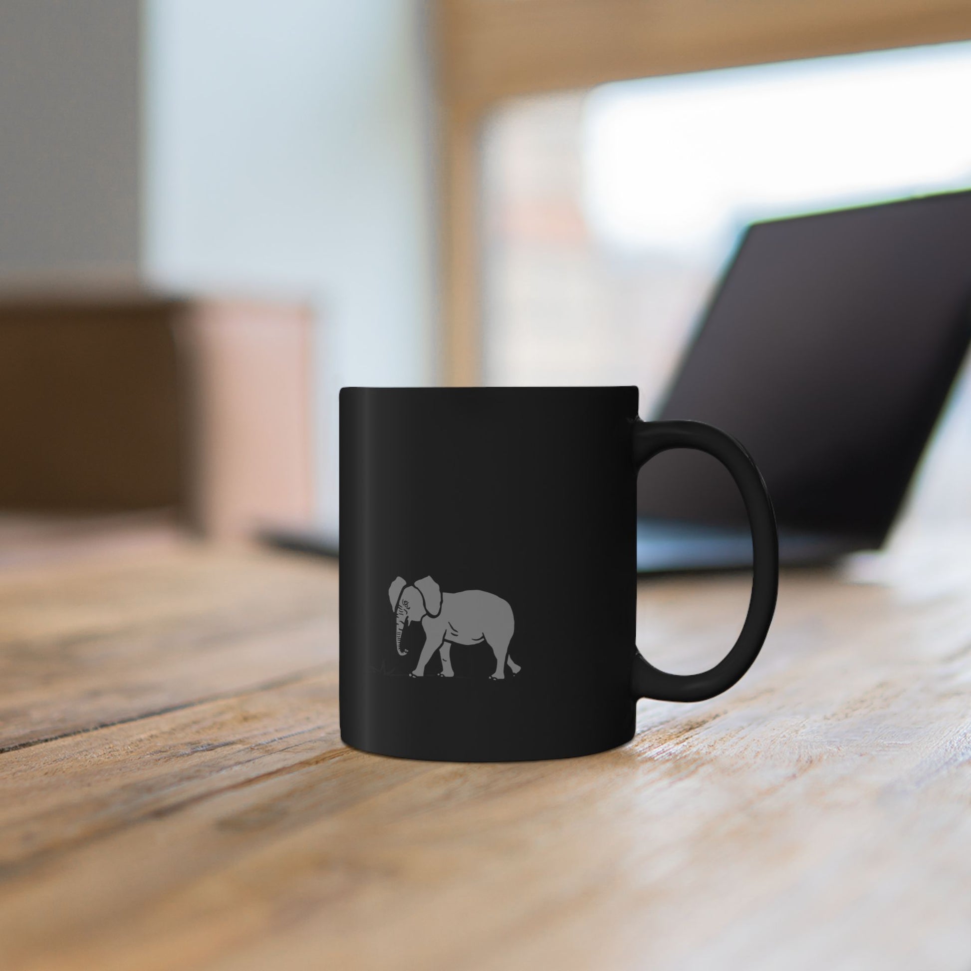 Elephant Silhouette Black Mug — Minimal Grey Elephant Coffee Cup (11oz/15oz)