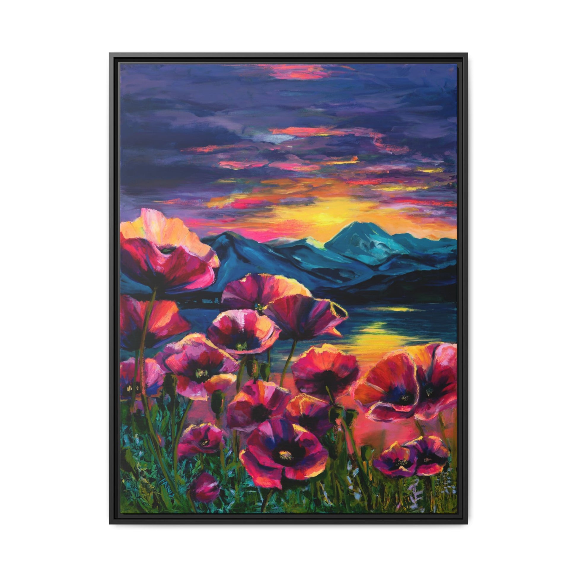 Poppy Sunset at the Lake — Framed Canvas