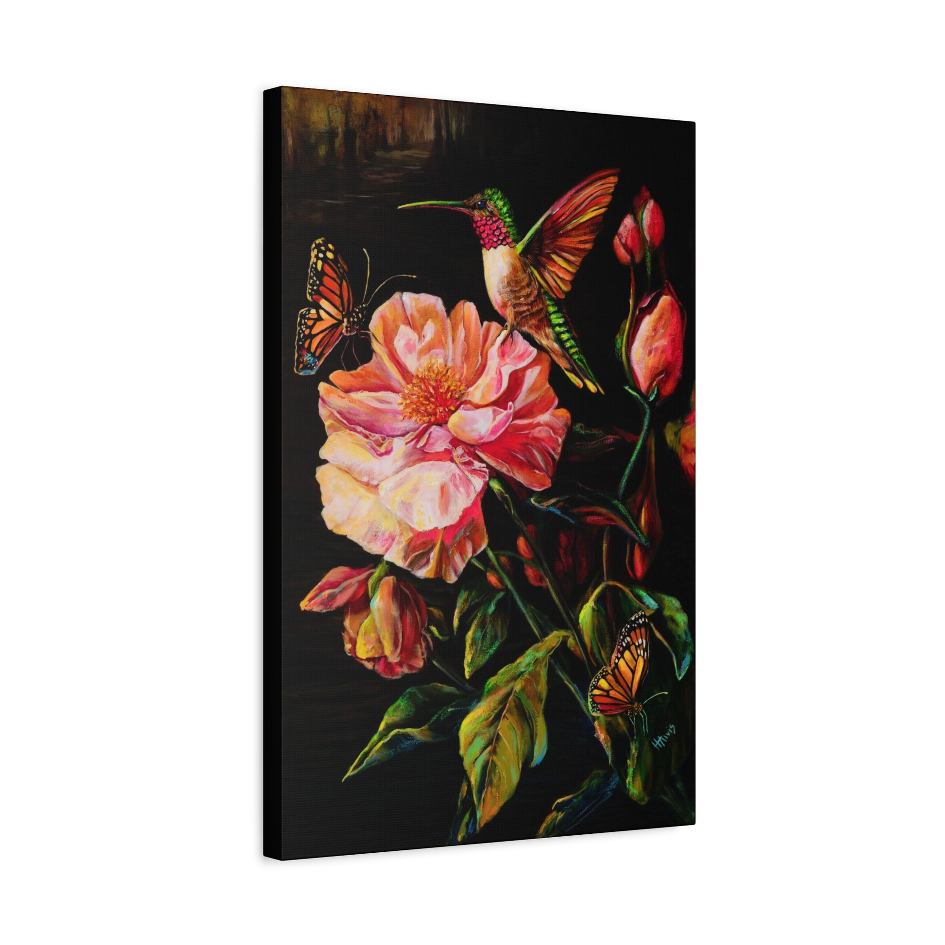 First Light: Hummingbird and the Peony — Stretched Canvas