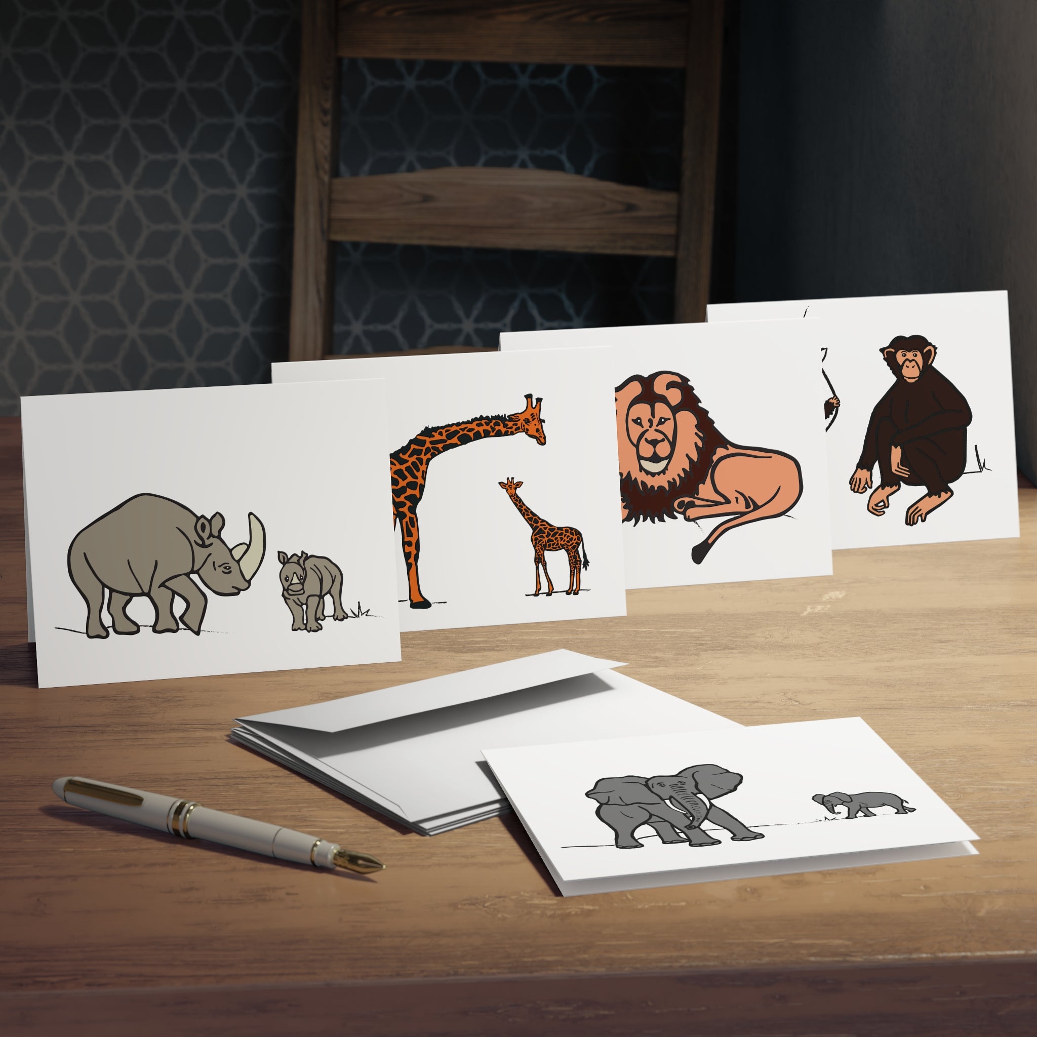 Safari Animal Blank Greeting Cards — 5-Pack (Elephant, Rhino, Giraffe, Lion, Chimp)