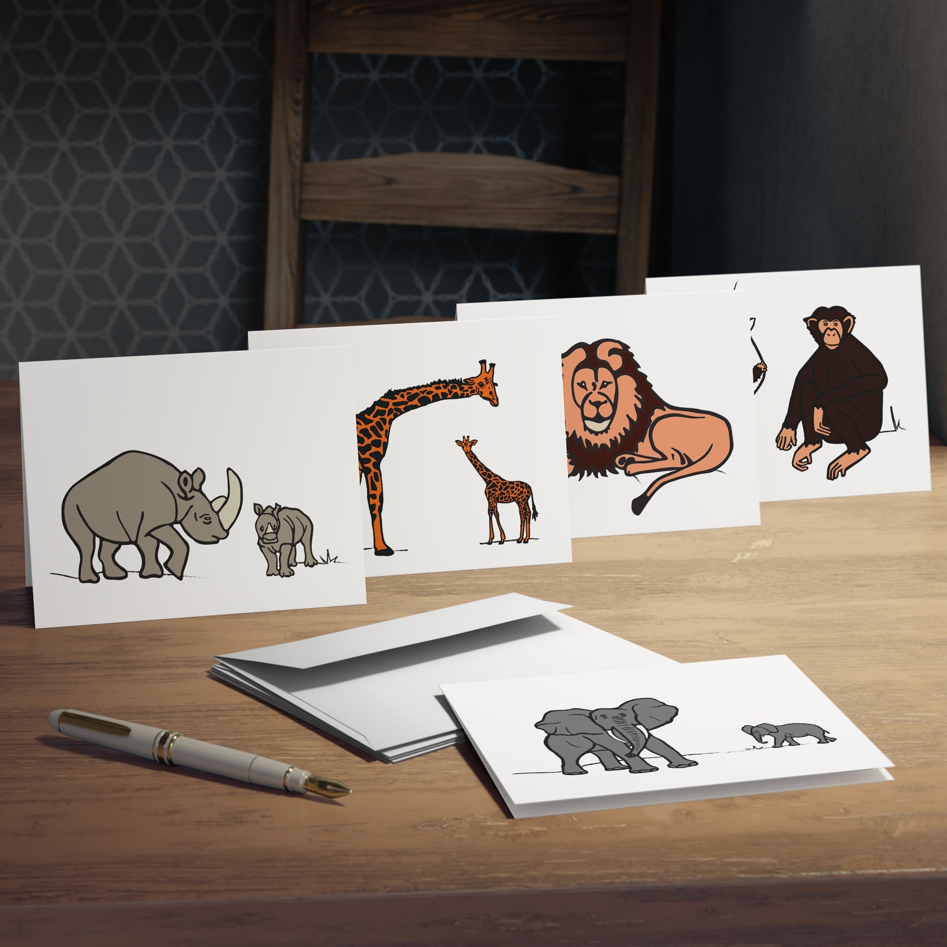 Safari Animal Blank Greeting Cards — 5-Pack (Elephant, Rhino, Giraffe, Lion, Chimp)