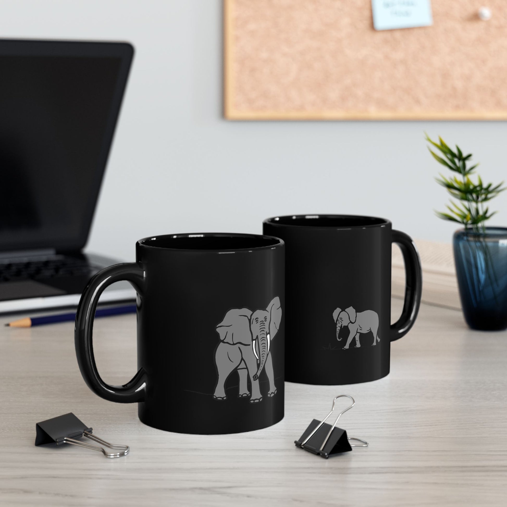 Elephant Silhouette Black Mug — Minimal Grey Elephant Coffee Cup (11oz/15oz)