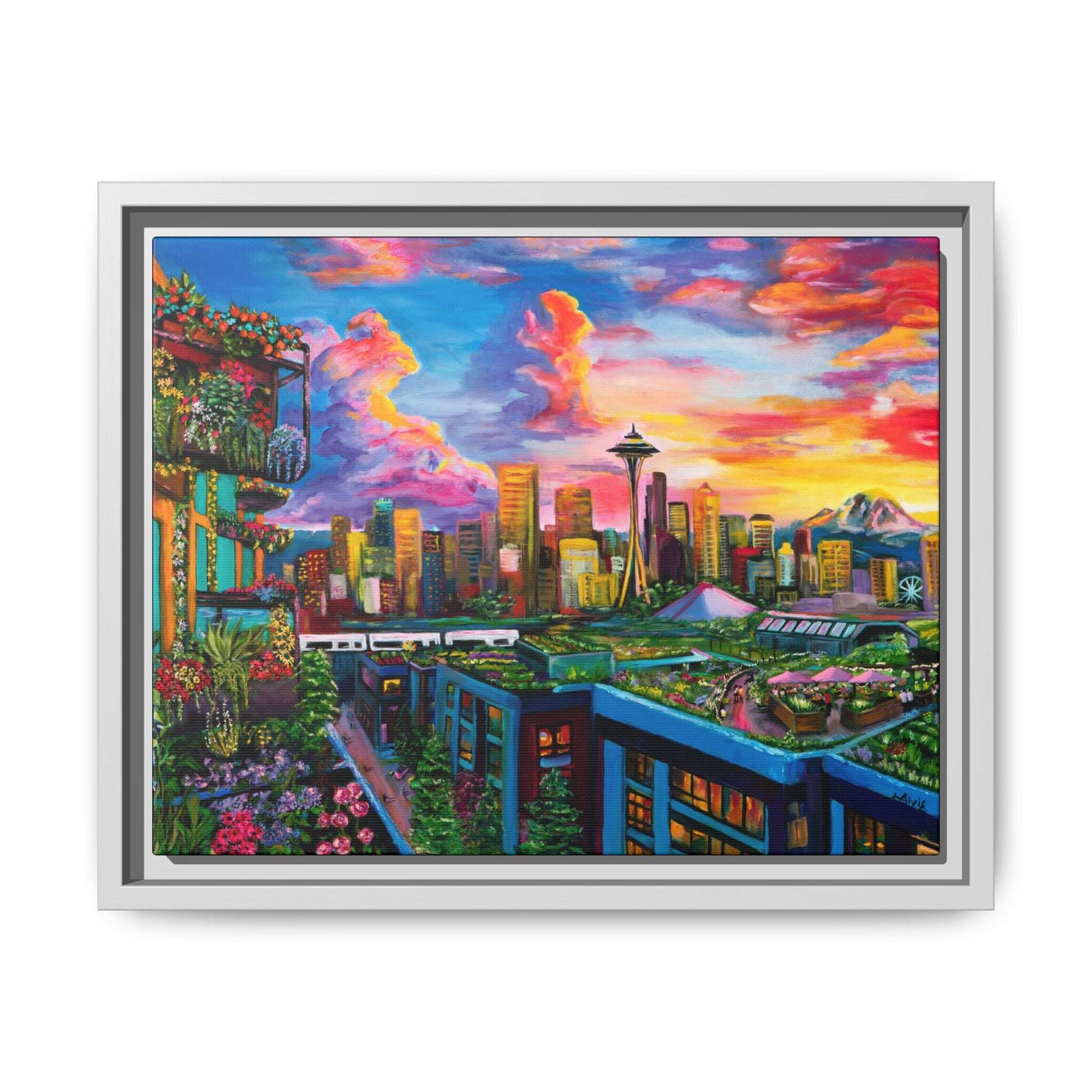Seattle Sunset Skyline — Framed Canvas