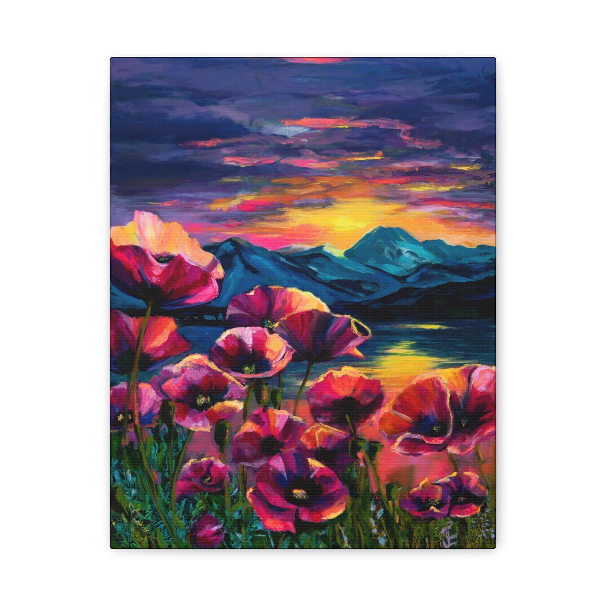 Poppy Sunset at the Lake - Stretched Canvas