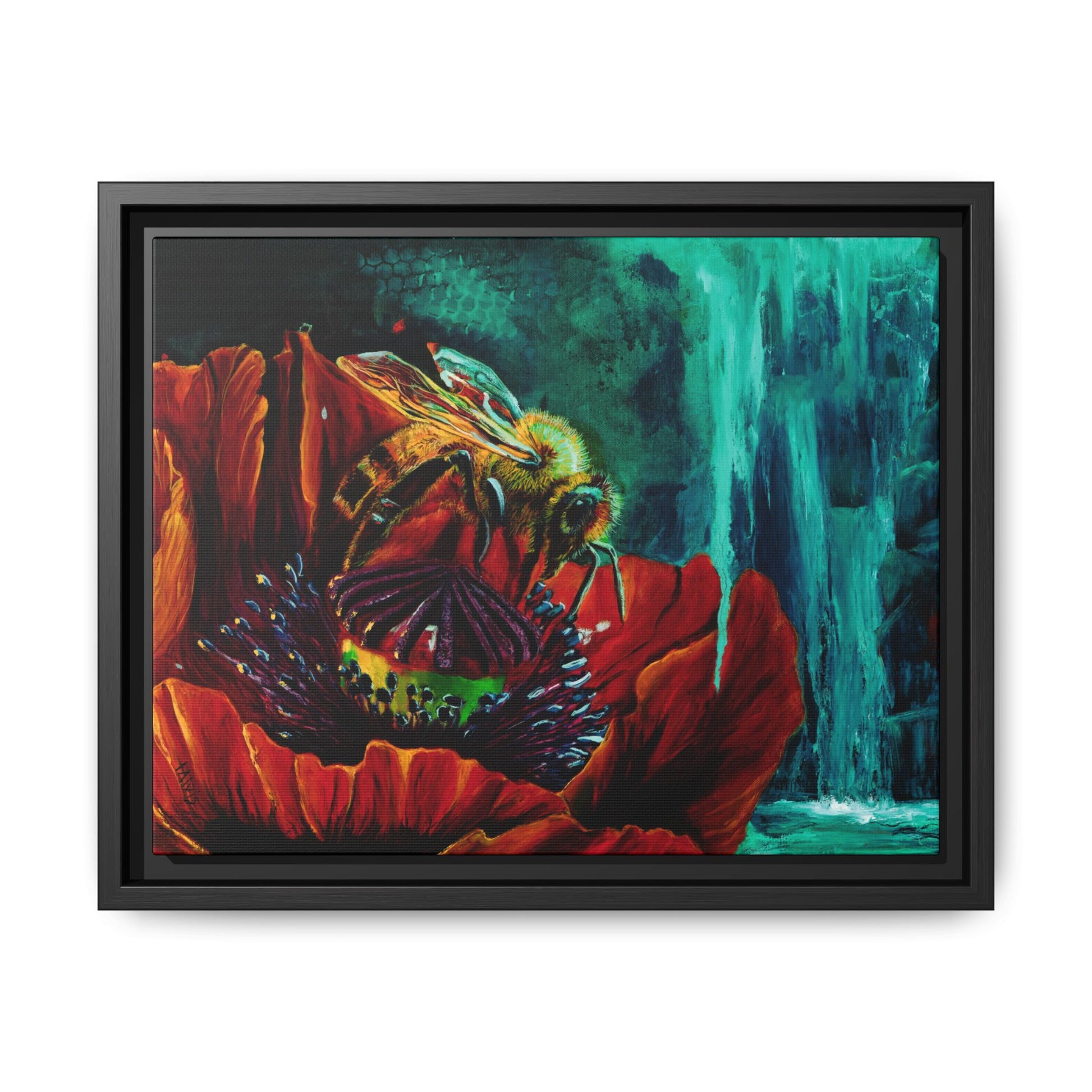 Honeybee and the Poppy – Framed Canvas