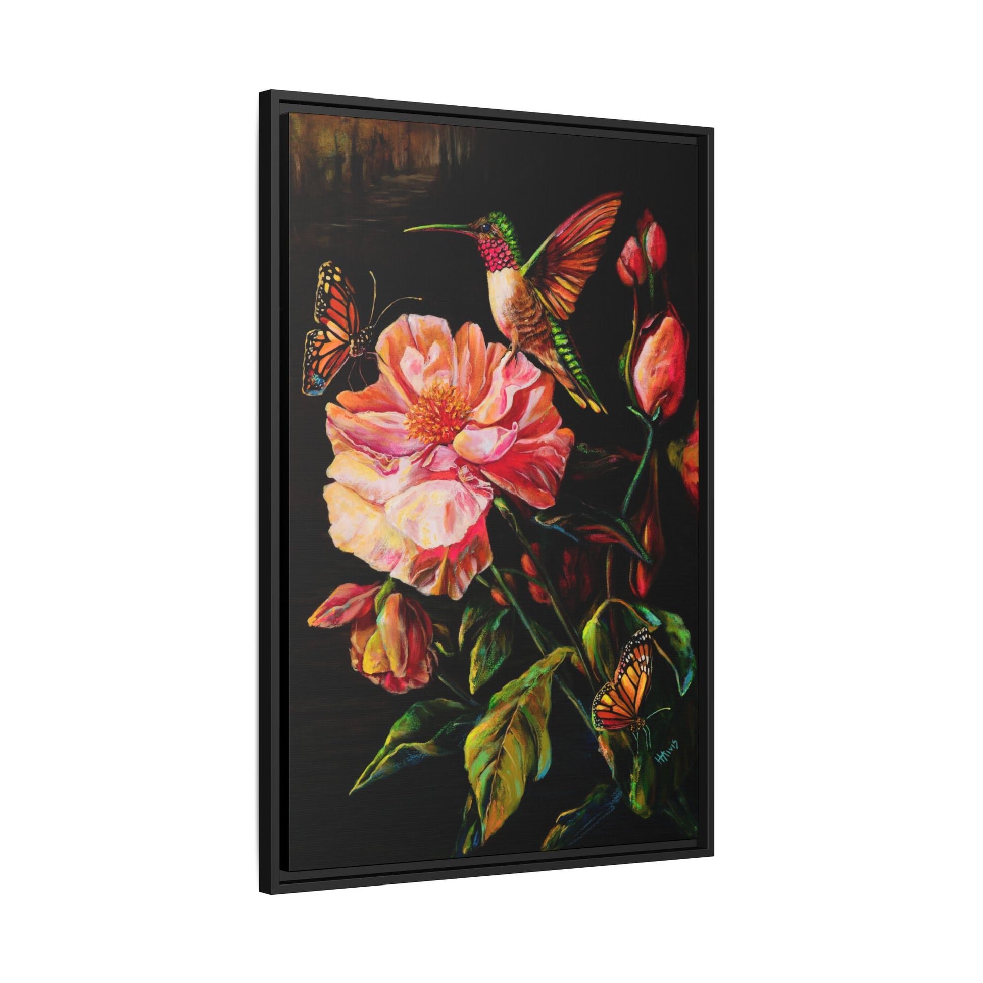 First Light: Hummingbird and the Peony — Framed Canvas