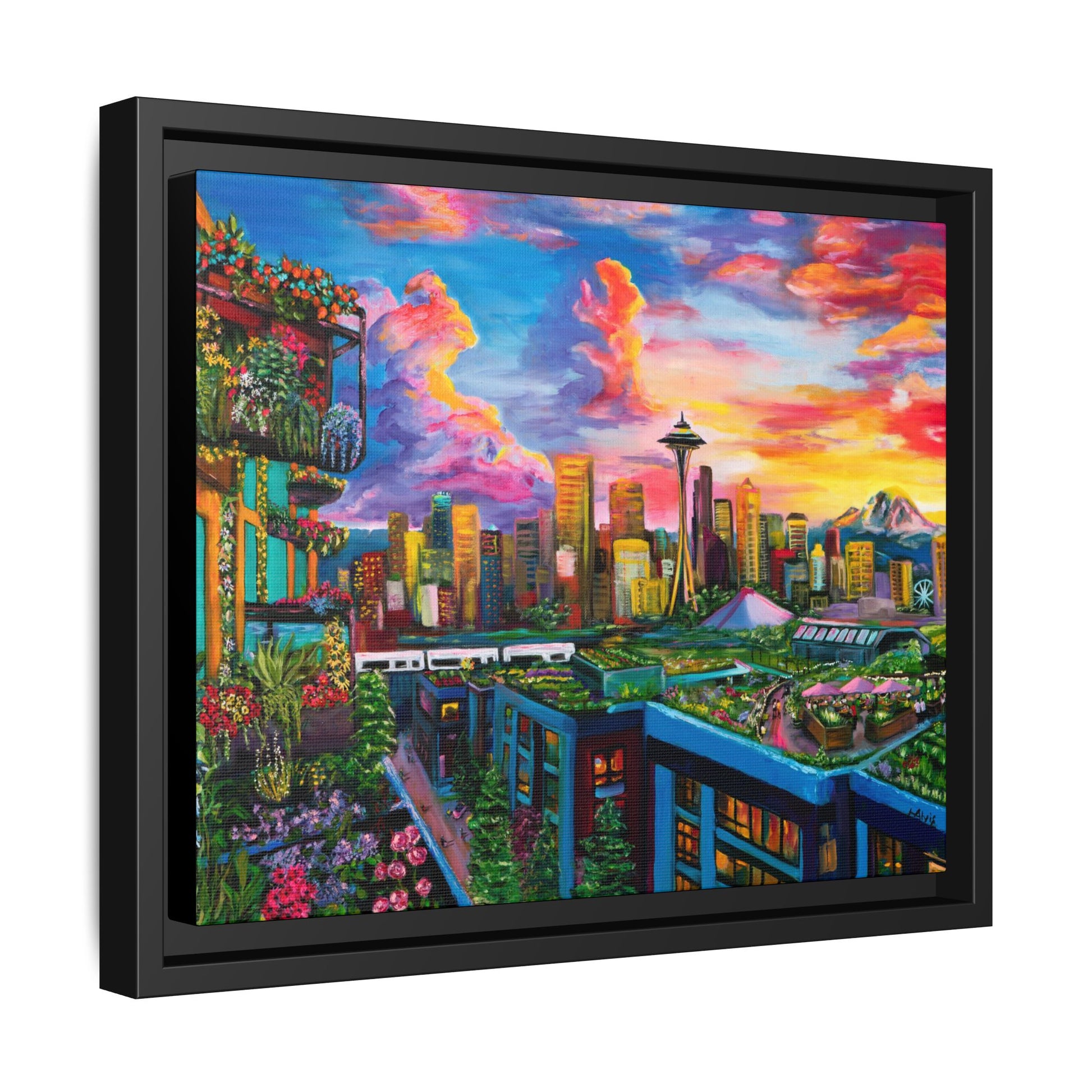 Seattle Sunset Skyline — Framed Canvas