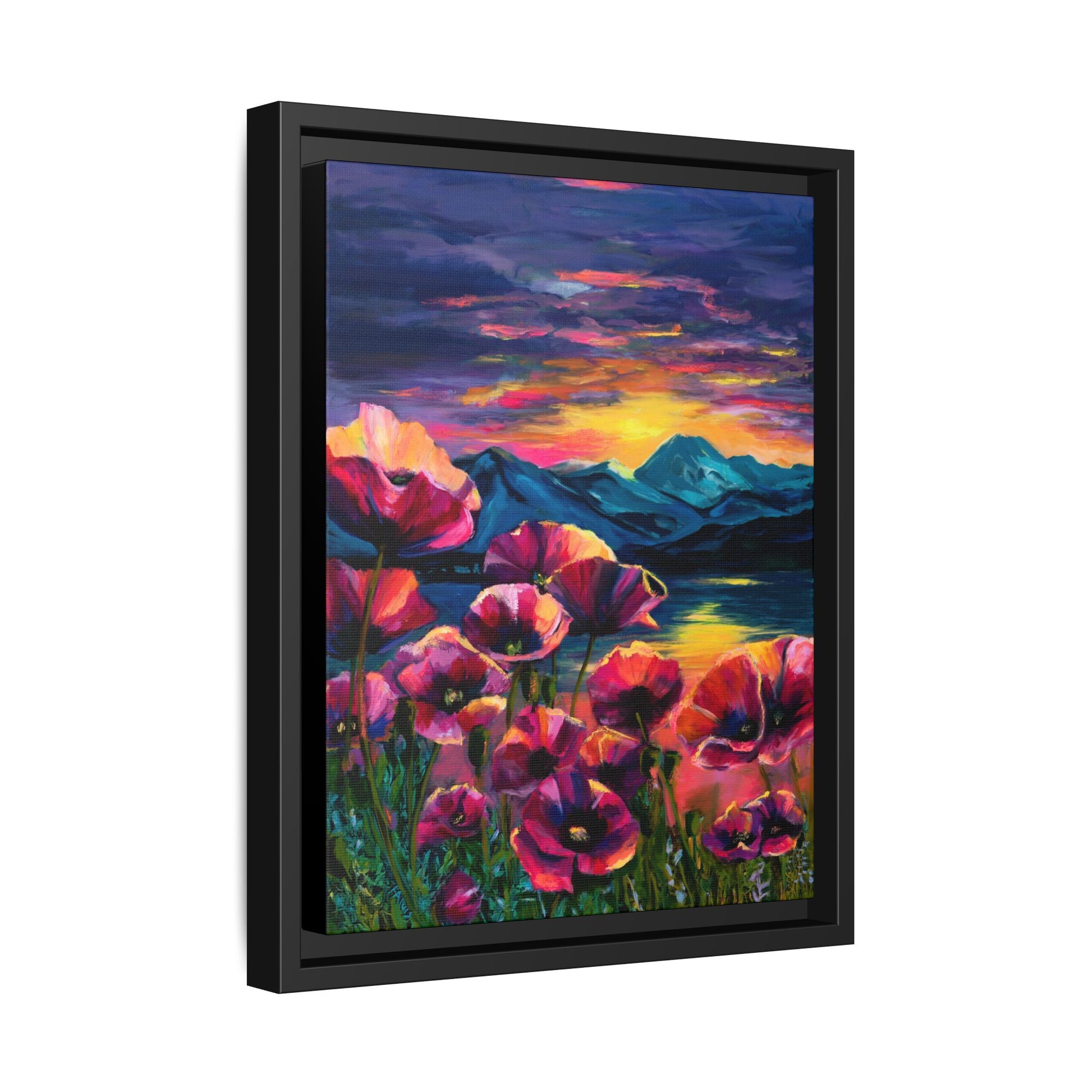 Poppy Sunset at the Lake — Framed Canvas
