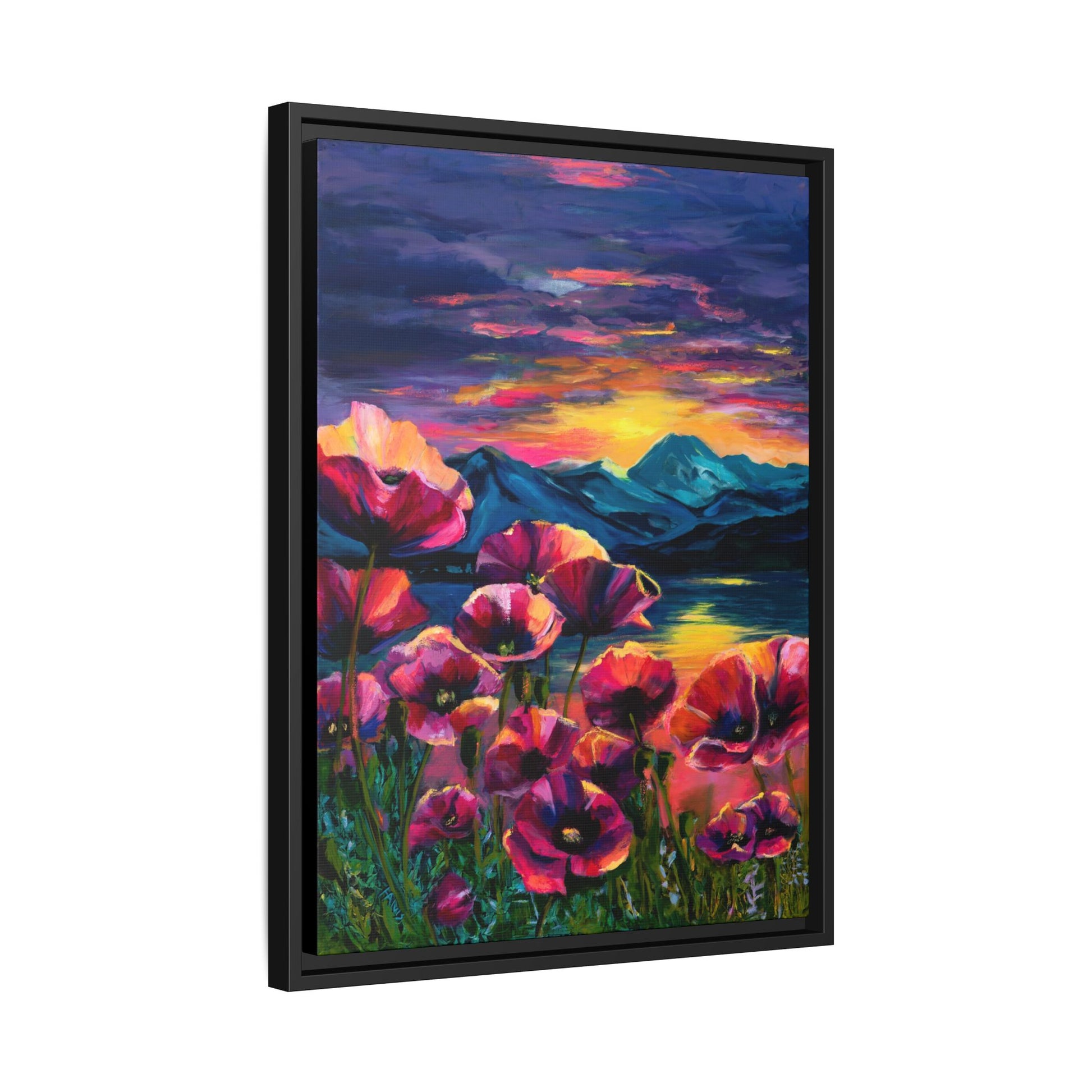 Poppy Sunset at the Lake — Framed Canvas