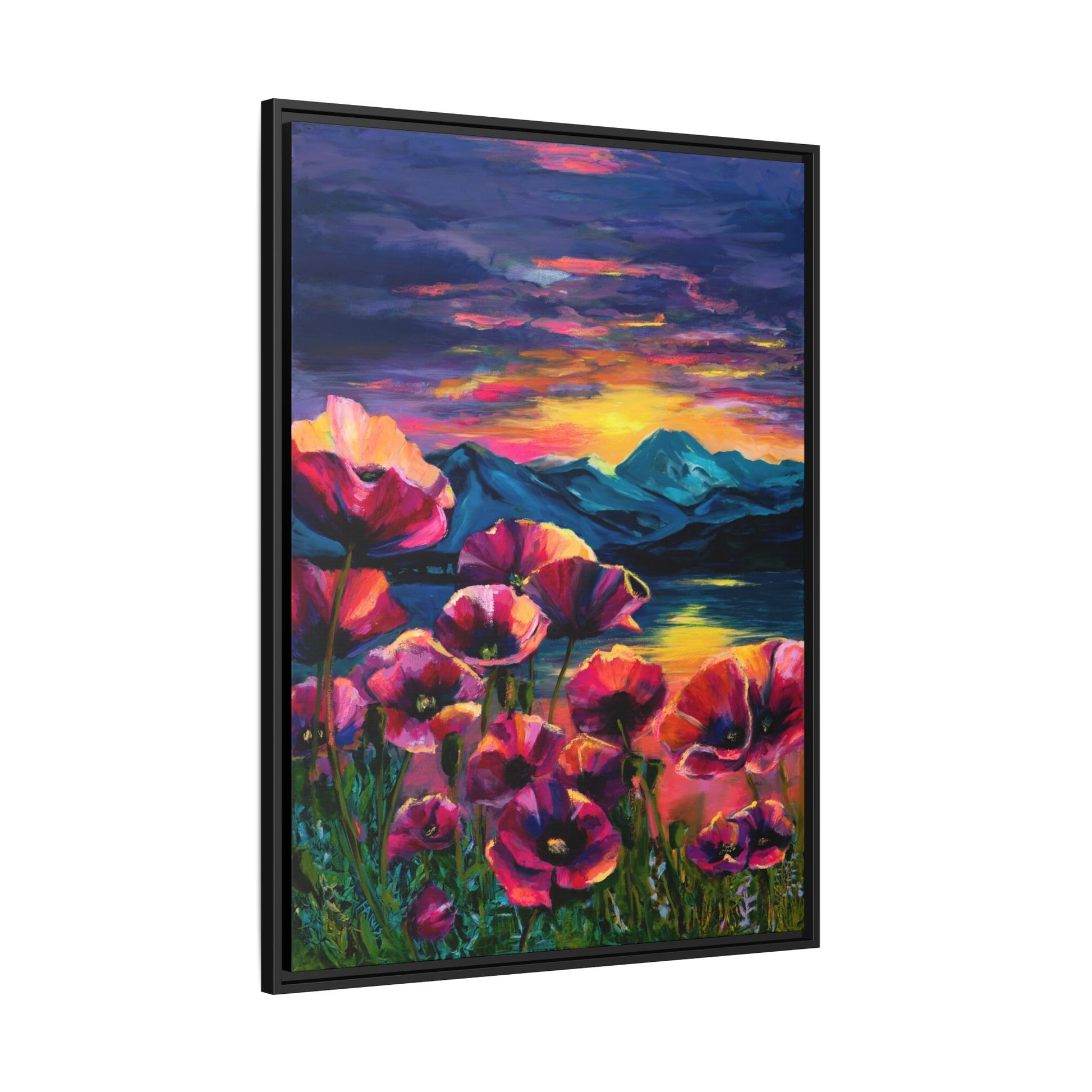 Poppy Sunset at the Lake — Framed Canvas