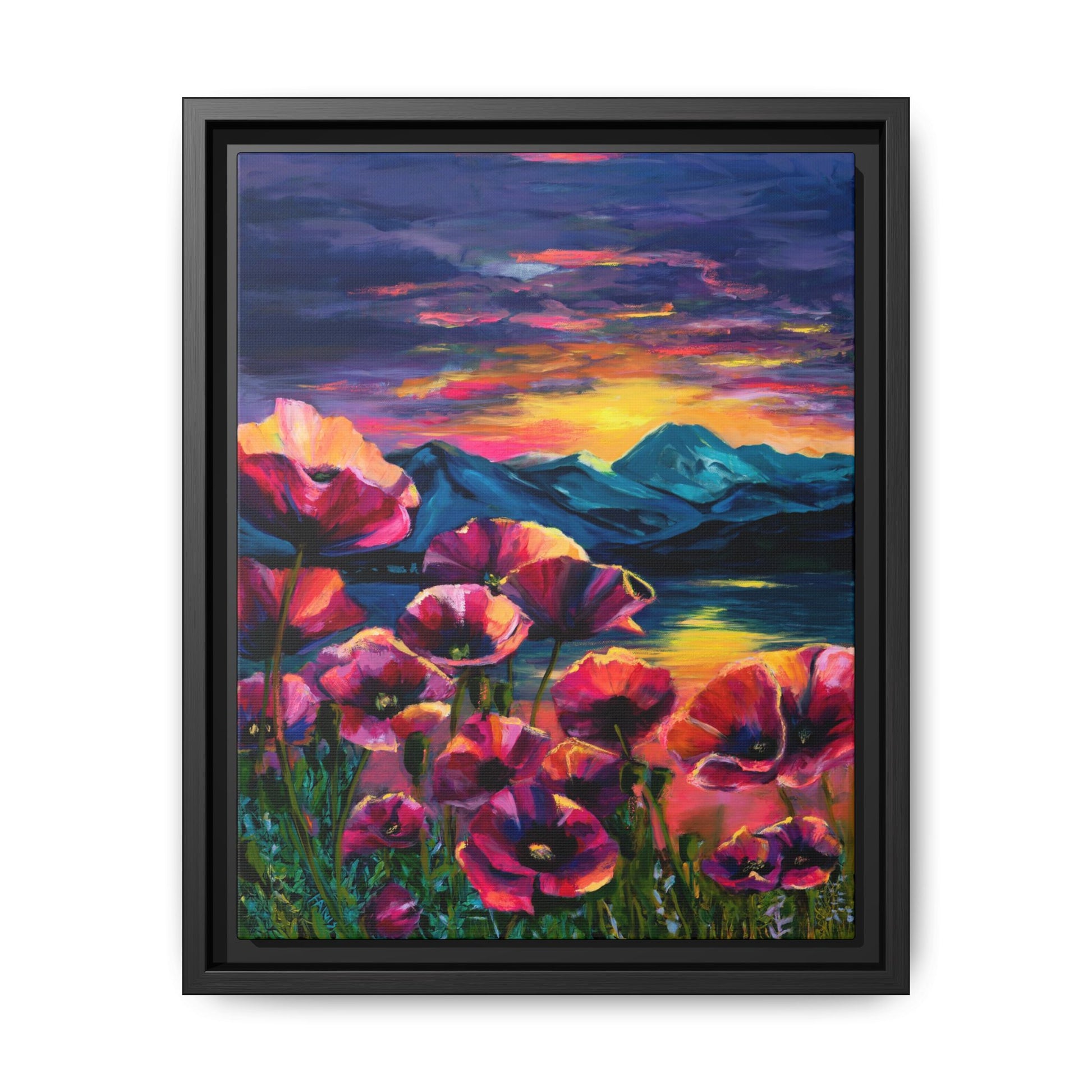 Poppy Sunset at the Lake — Framed Canvas
