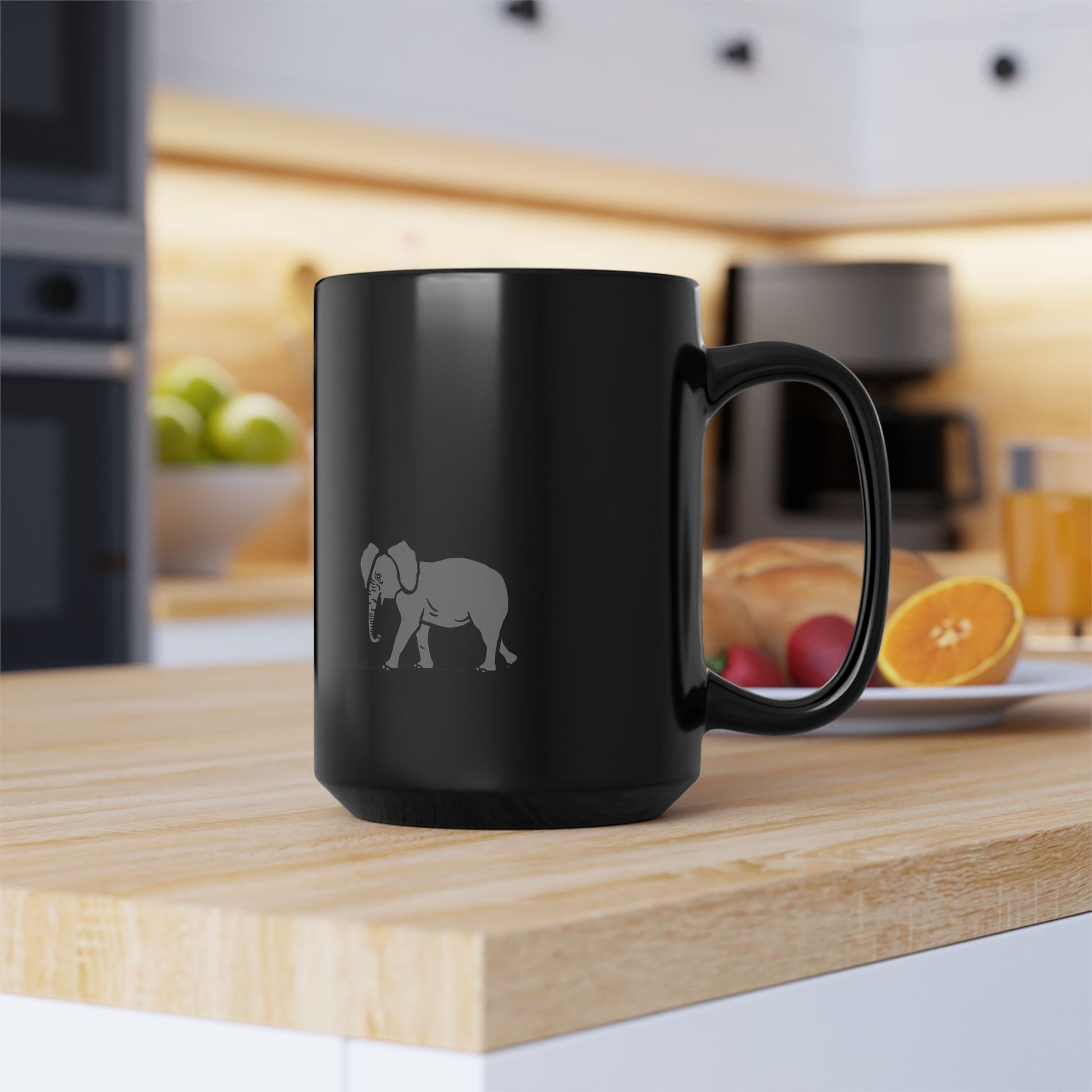 Elephant Silhouette Black Mug — Minimal Grey Elephant Coffee Cup (11oz/15oz)