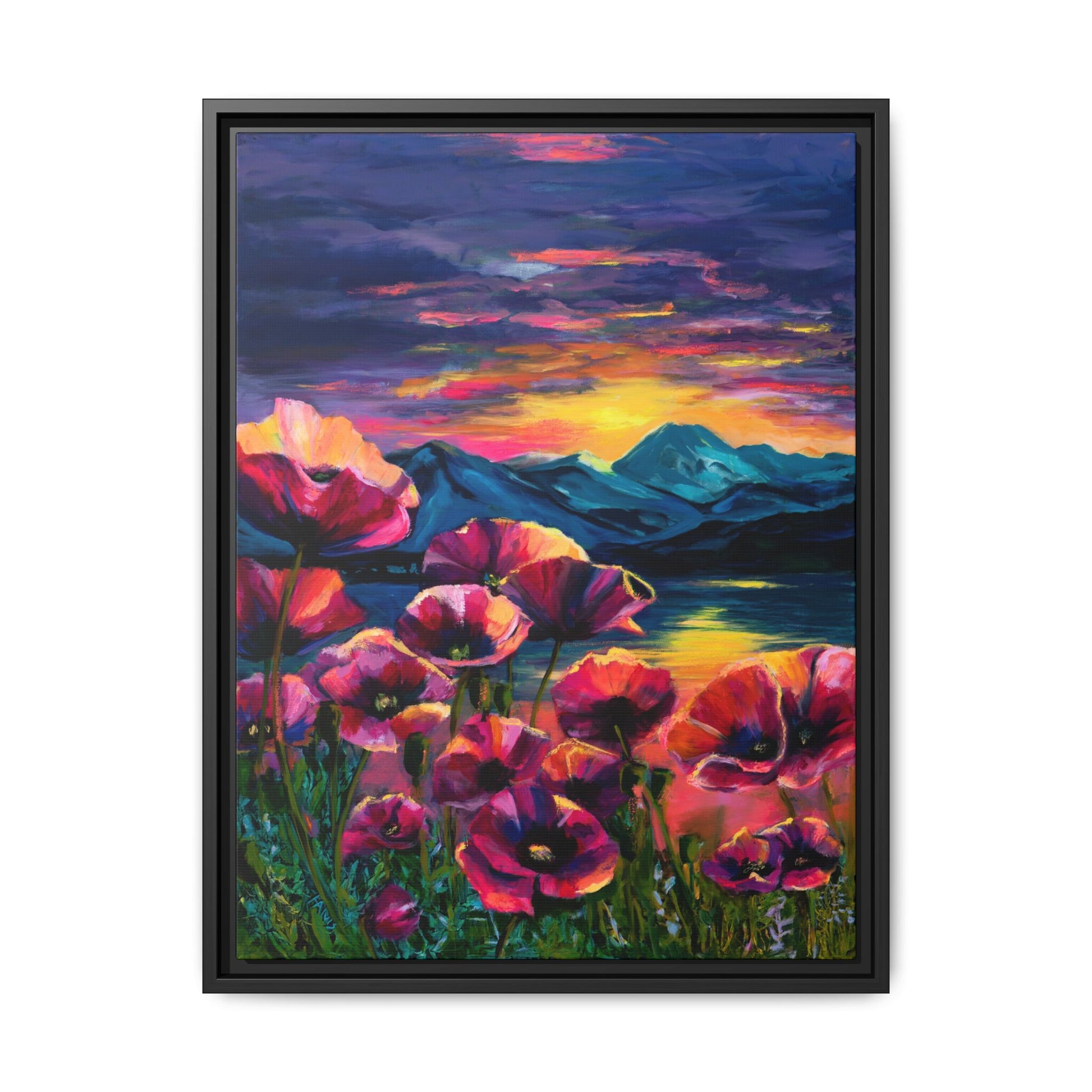 Poppy Sunset at the Lake — Framed Canvas