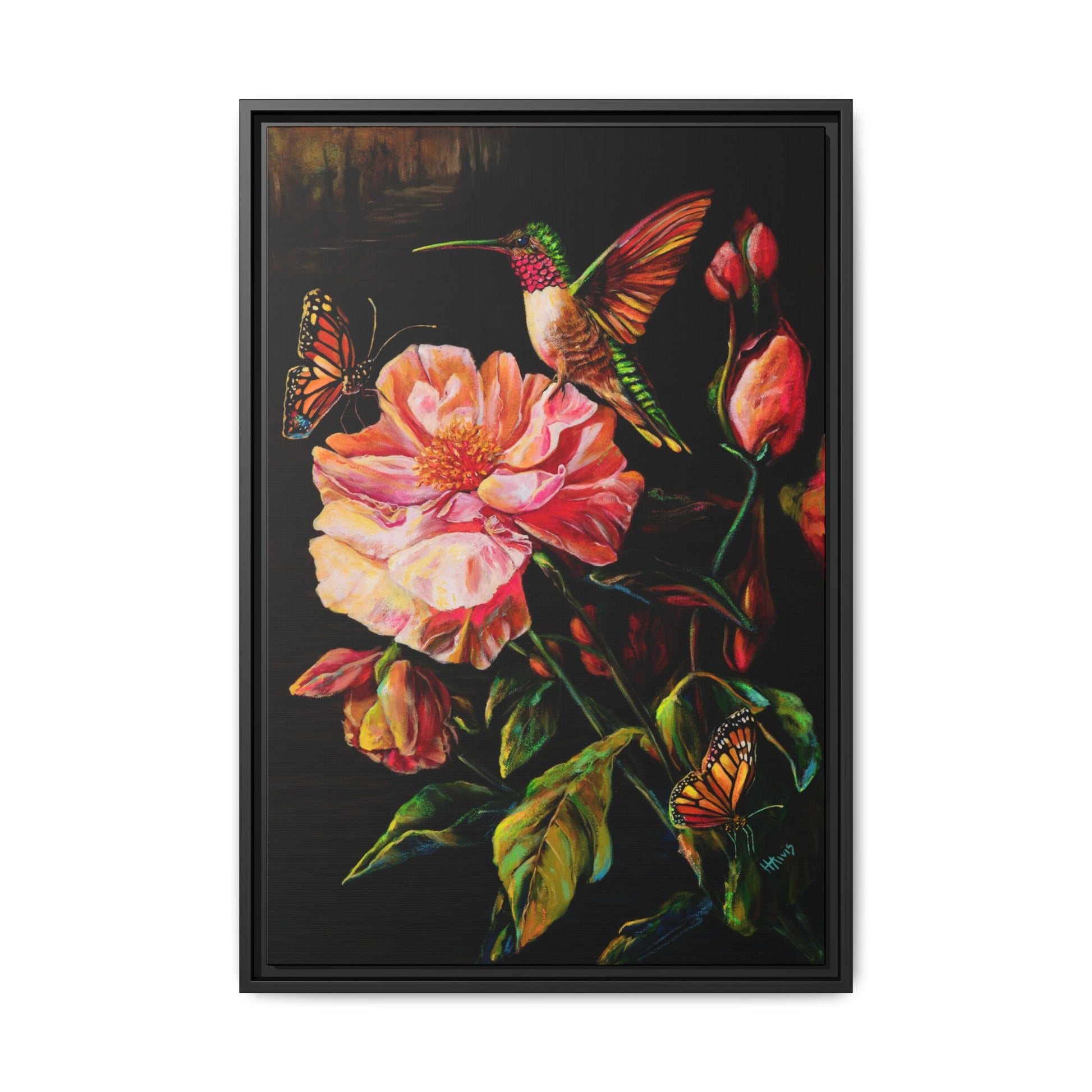 First Light: Hummingbird and the Peony — Framed Canvas