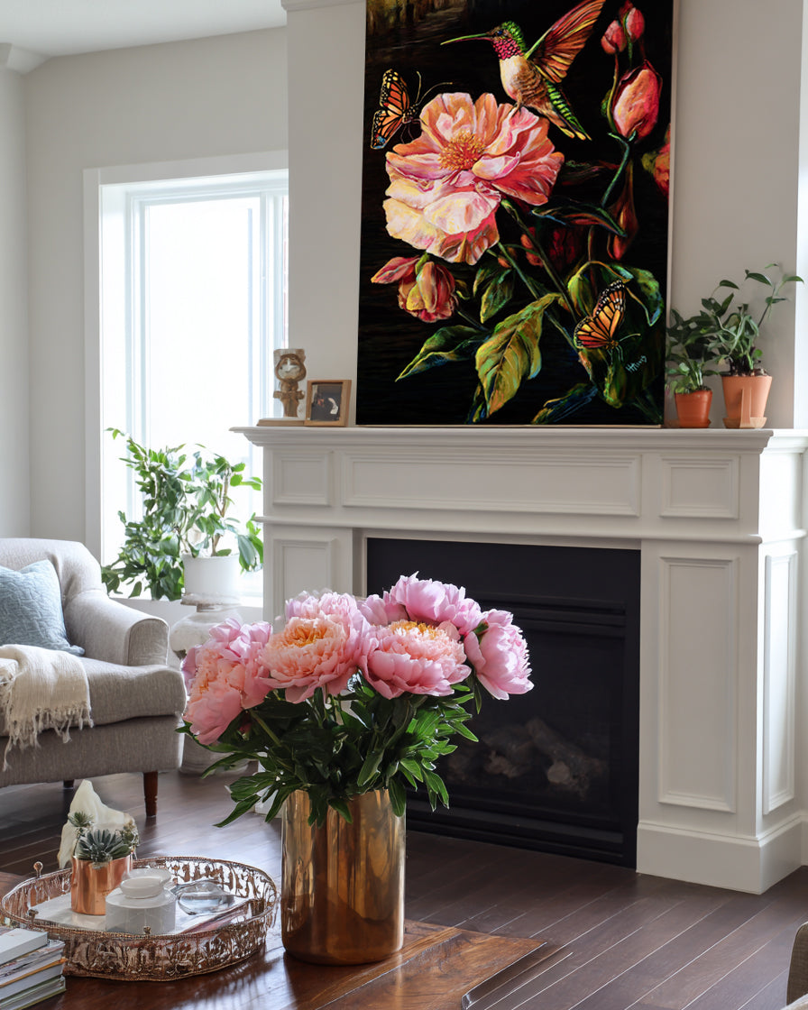 First Light: Hummingbird and the Peony — Rolled Poster