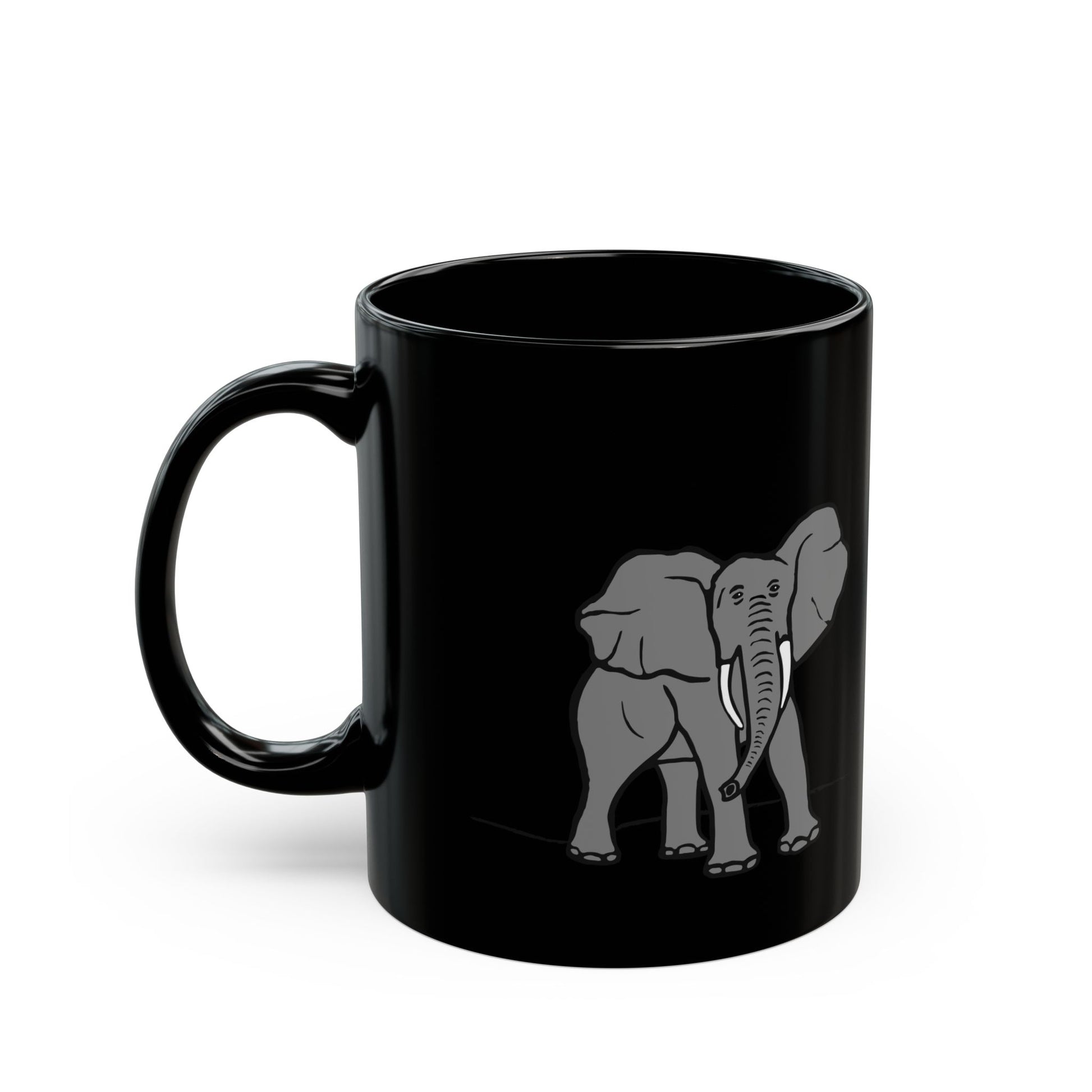 Elephant Silhouette Black Mug — Minimal Grey Elephant Coffee Cup (11oz/15oz)