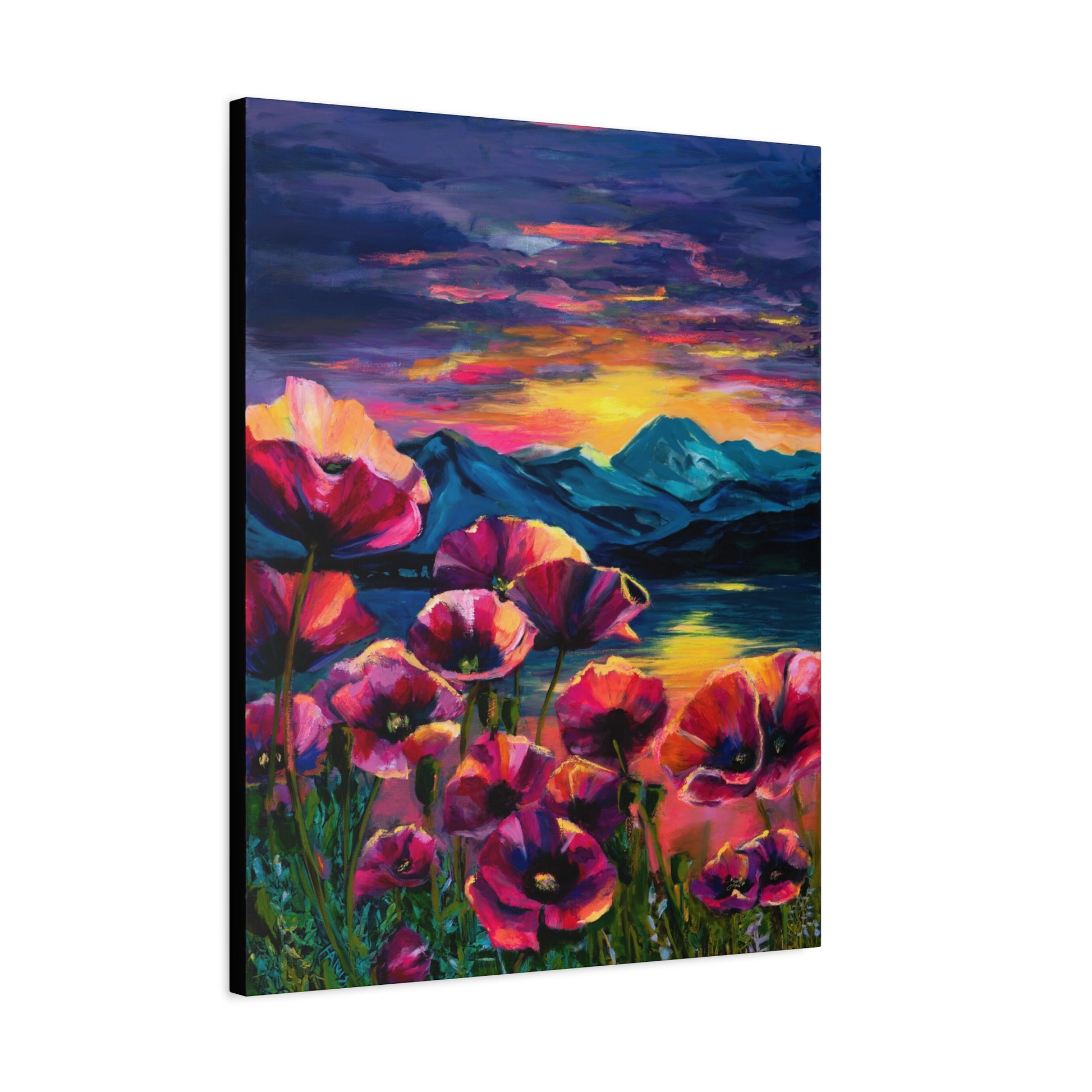 Poppy Sunset at the Lake - Stretched Canvas