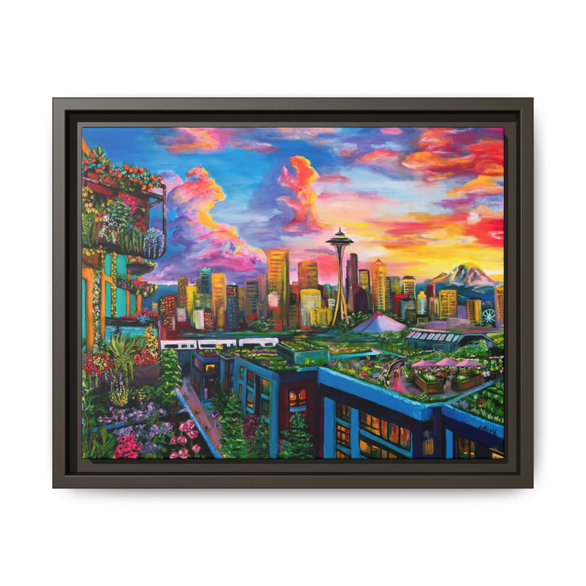Seattle Sunset Skyline — Framed Canvas