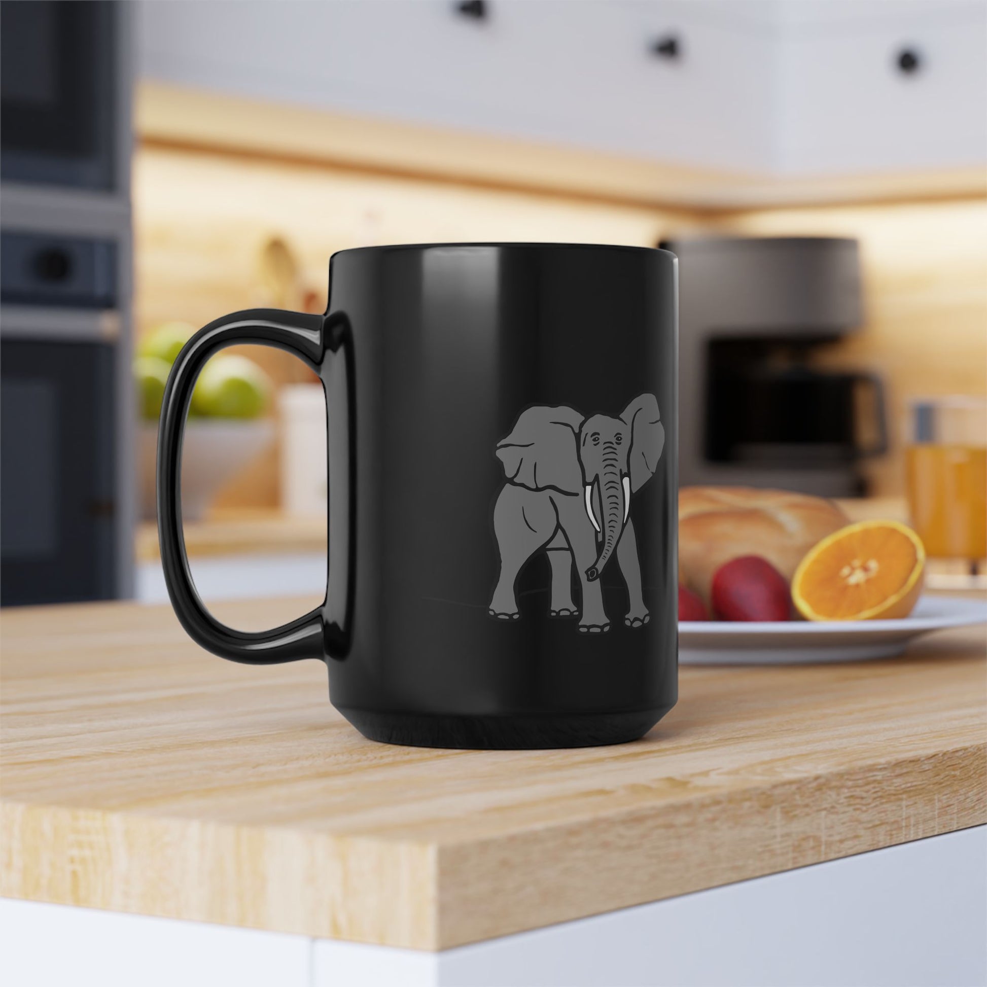 Elephant Silhouette Black Mug — Minimal Grey Elephant Coffee Cup (11oz/15oz)