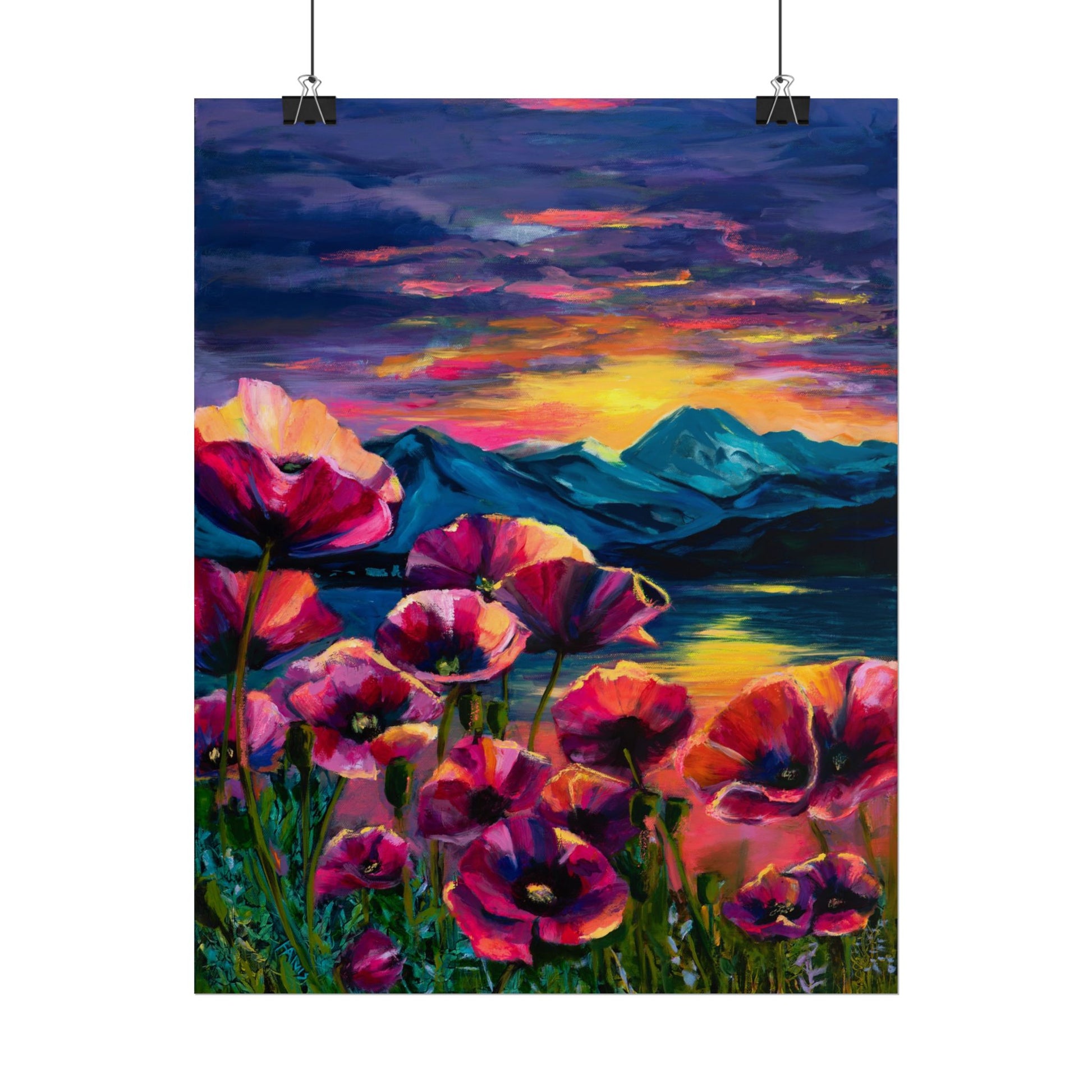 Poppy Sunset at the Lake — Rolled Poster