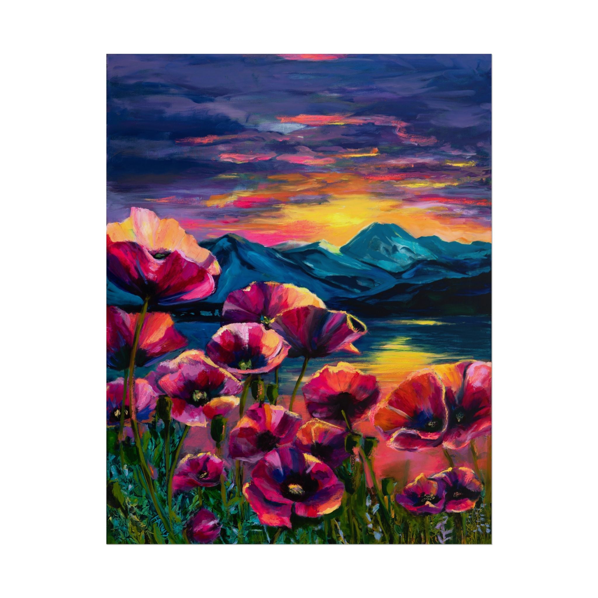 Poppy Sunset at the Lake — Rolled Poster