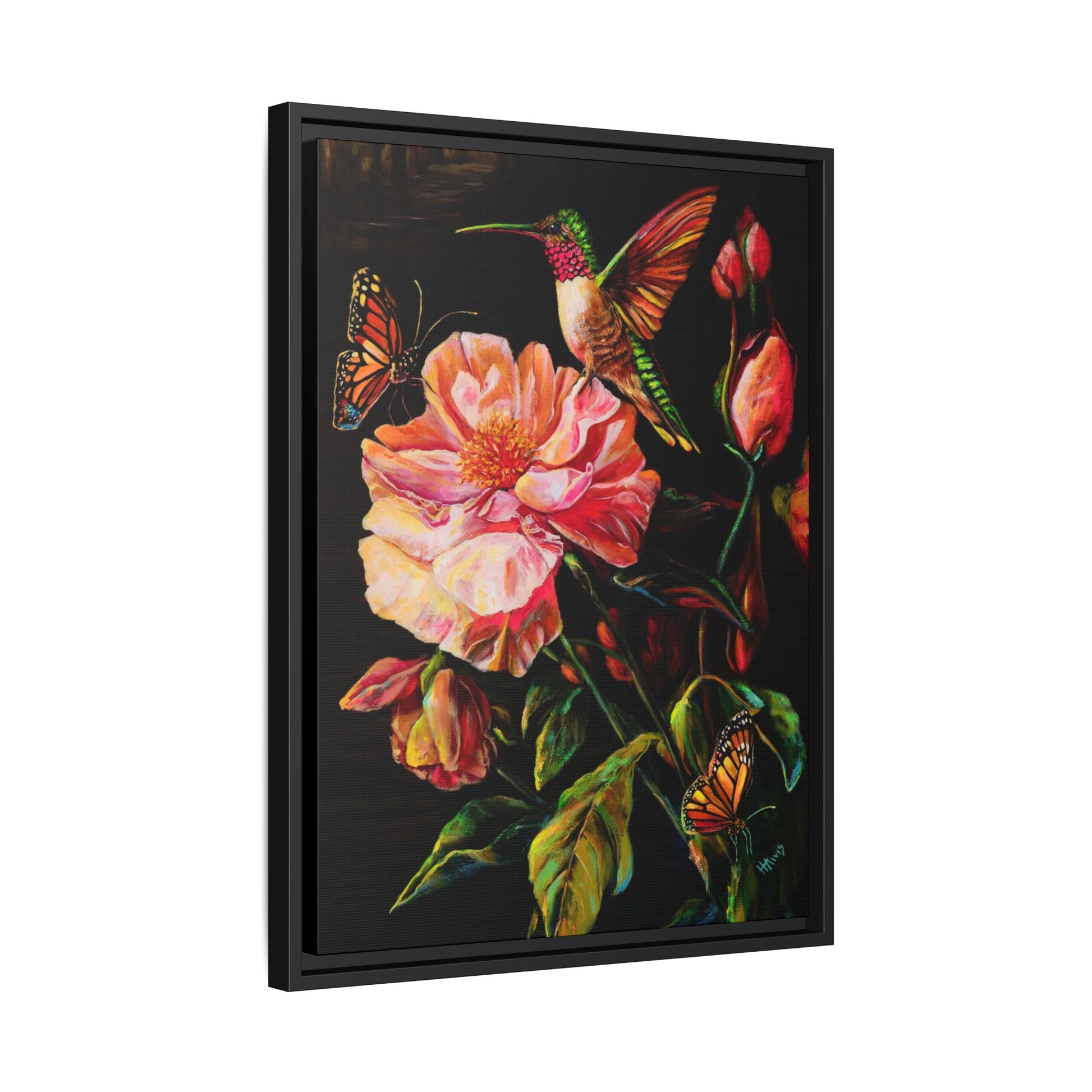 First Light: Hummingbird and the Peony — Framed Canvas