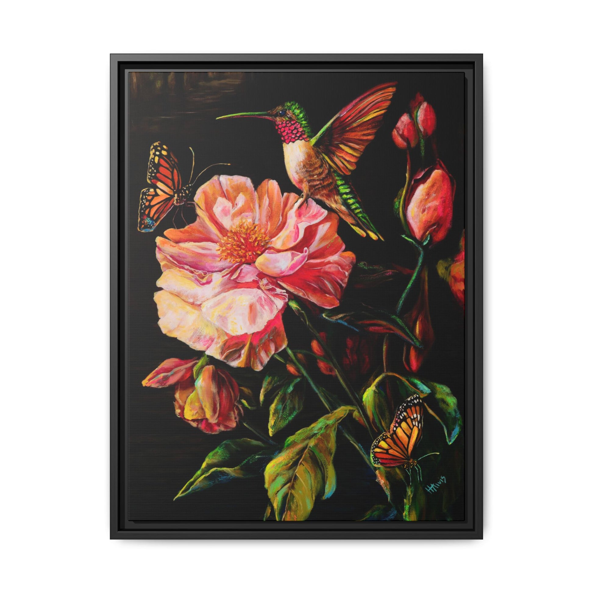 First Light: Hummingbird and the Peony — Framed Canvas