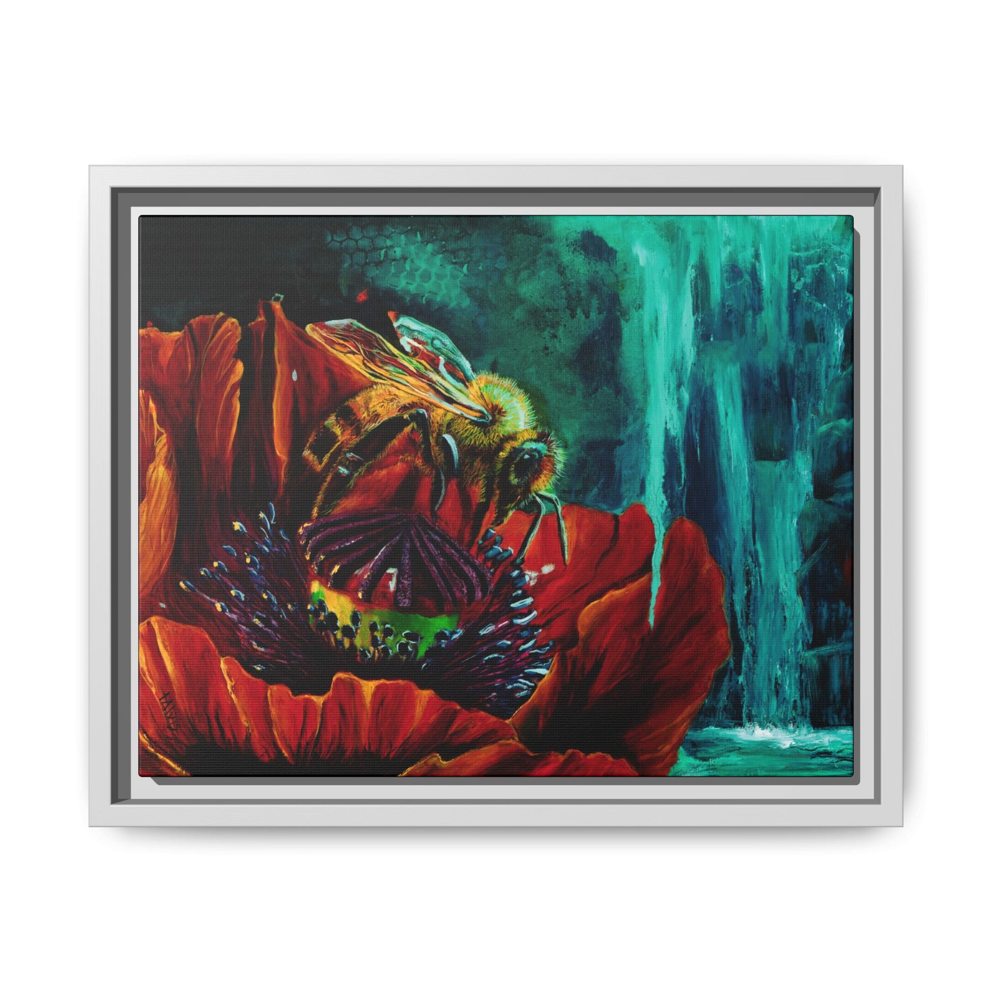 Honeybee and the Poppy – Framed Canvas