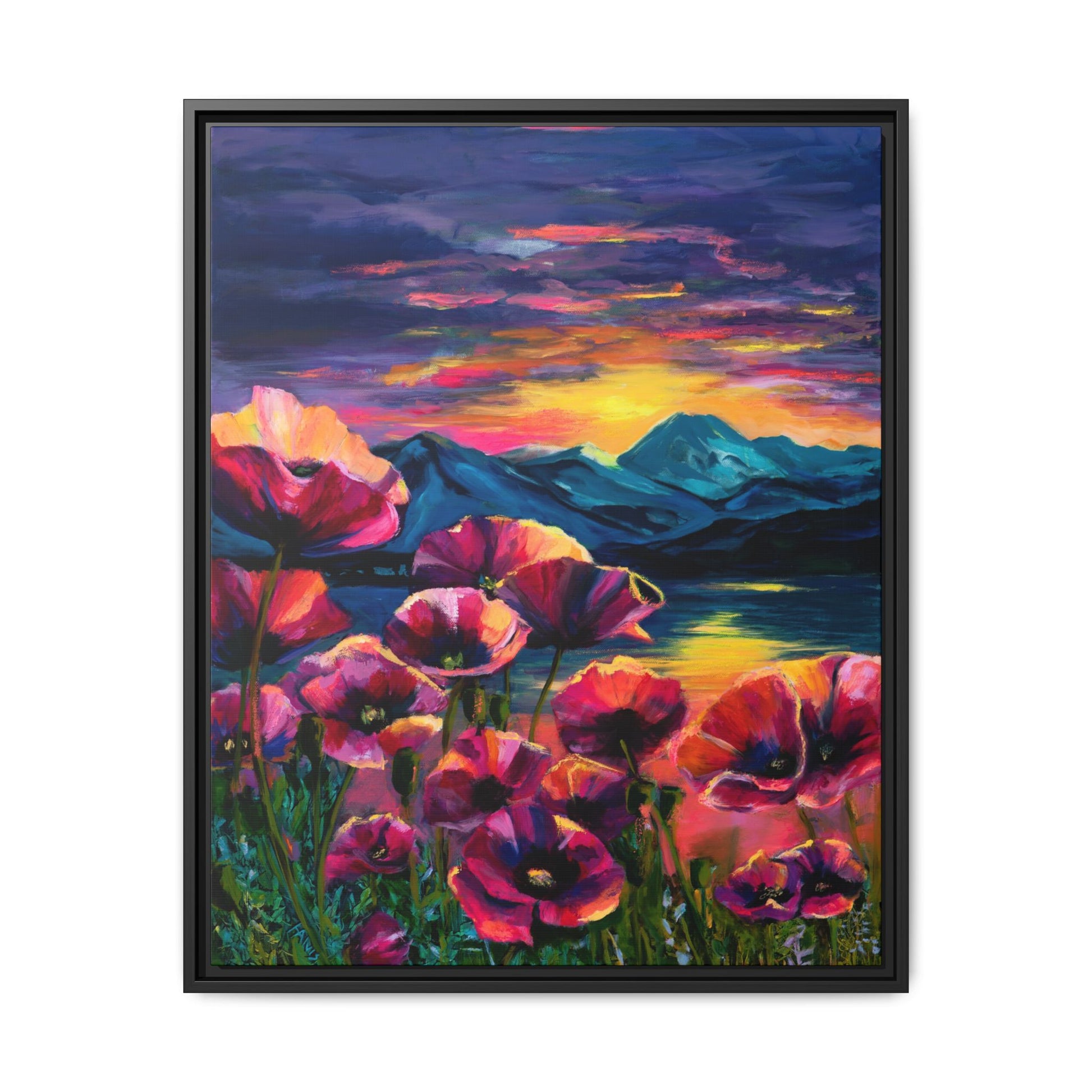 Poppy Sunset at the Lake — Framed Canvas