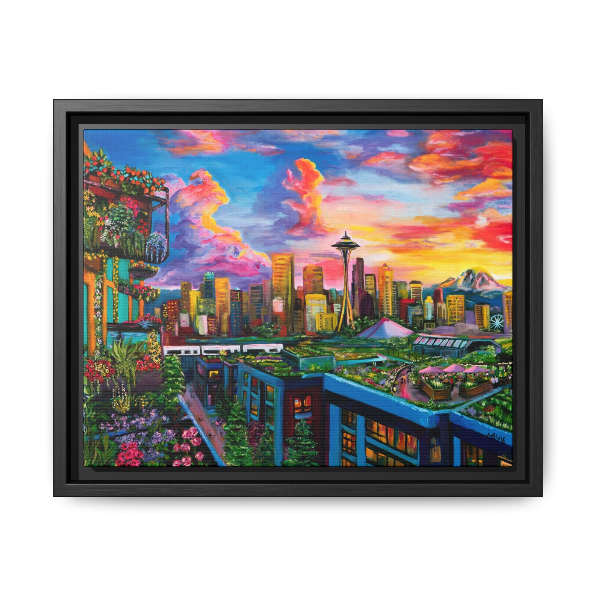 Seattle Sunset Skyline — Framed Canvas
