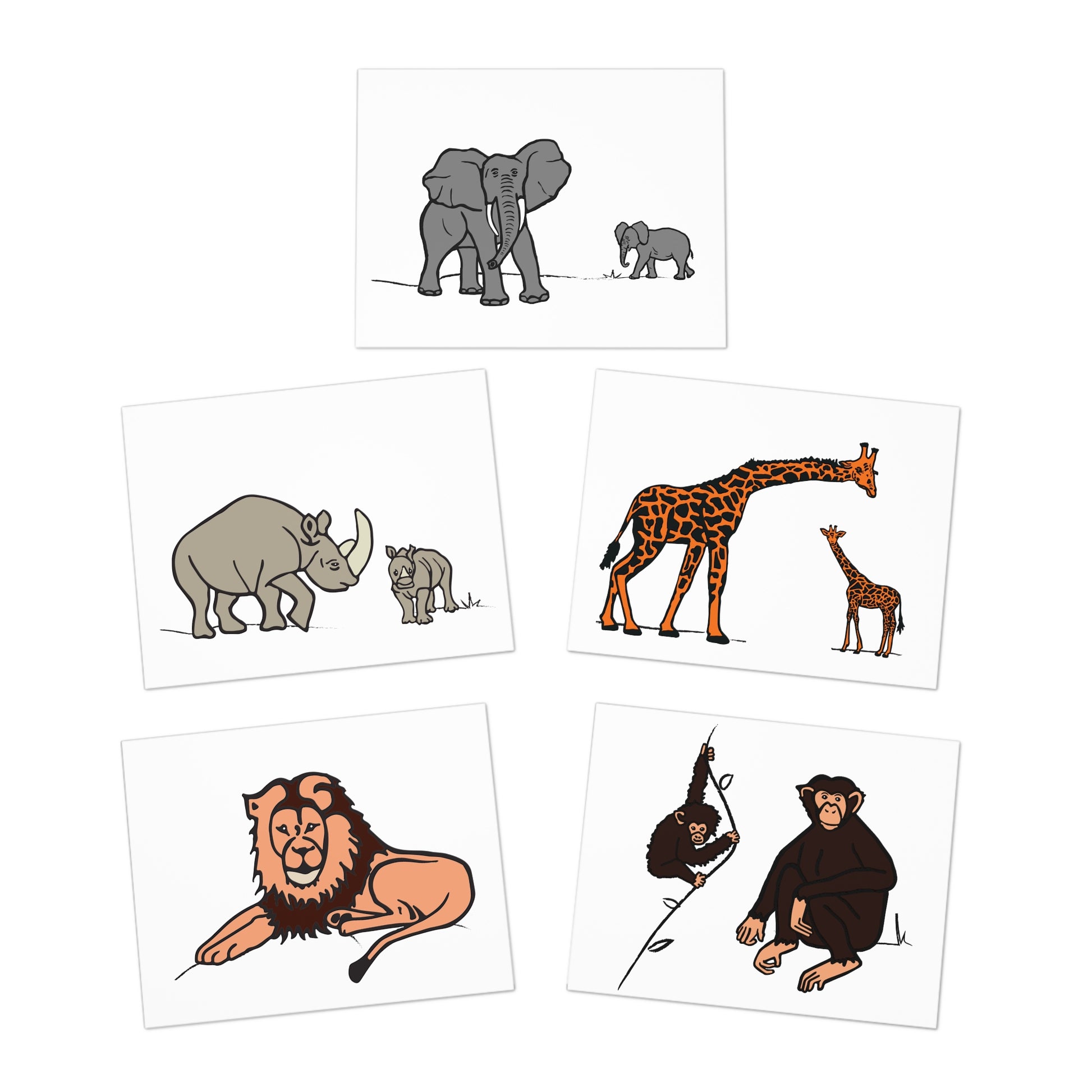 Safari Animal Blank Greeting Cards — 5-Pack (Elephant, Rhino, Giraffe, Lion, Chimp)