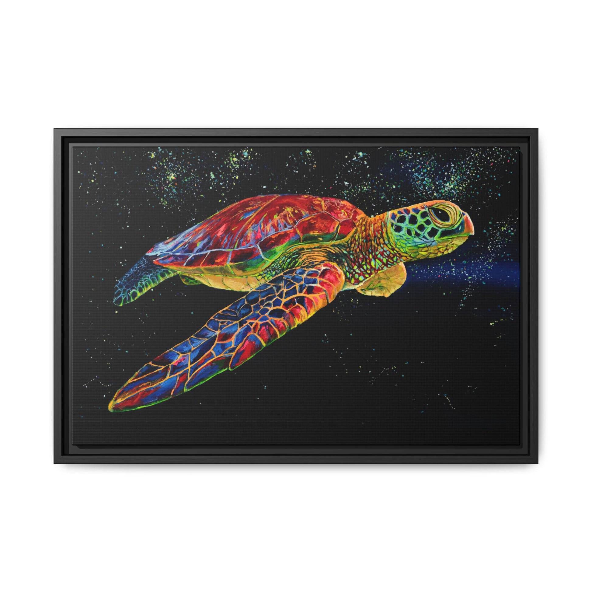 Sea Turtle in Bioluminescence — Framed Canvas