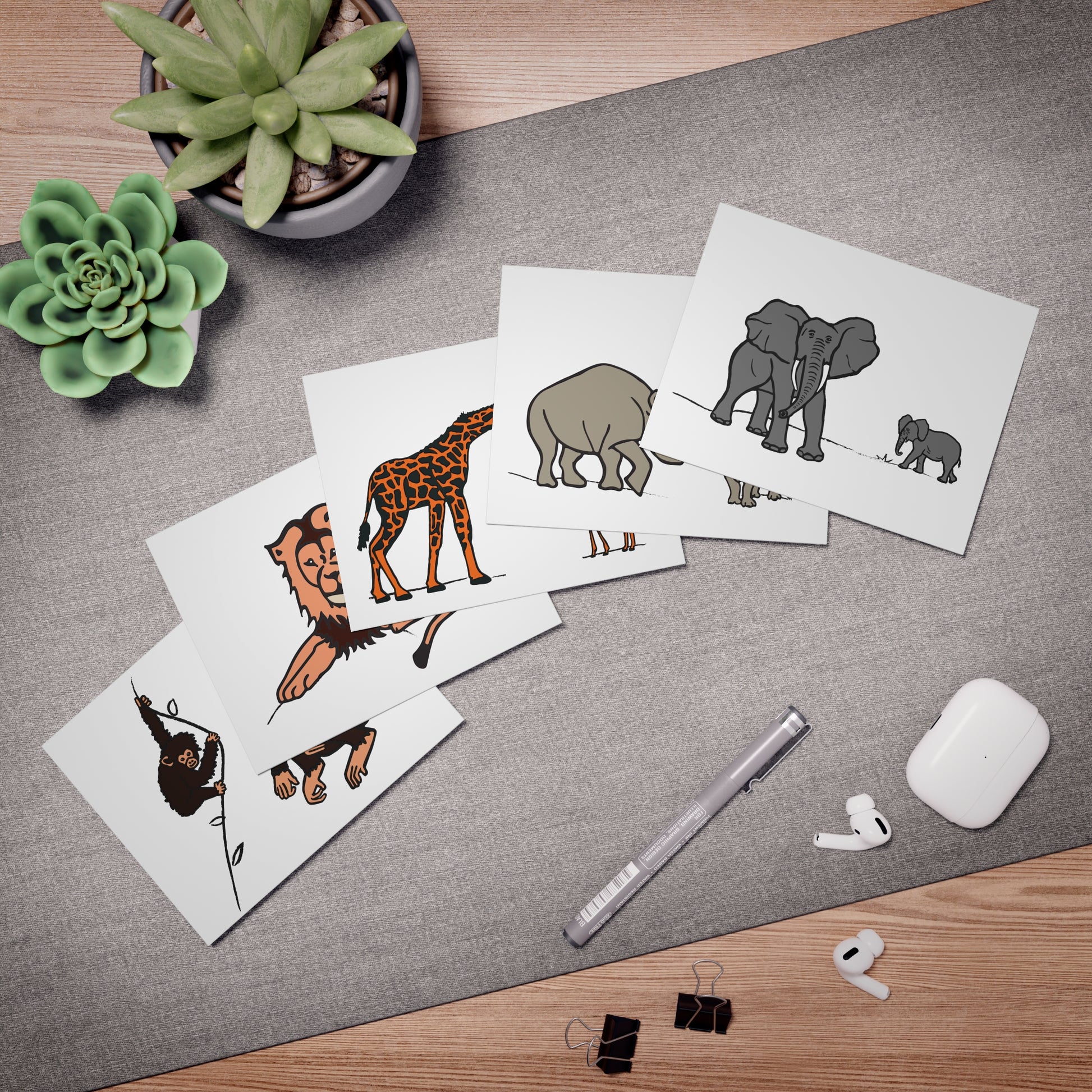 Safari Animal Blank Greeting Cards — 5-Pack (Elephant, Rhino, Giraffe, Lion, Chimp)