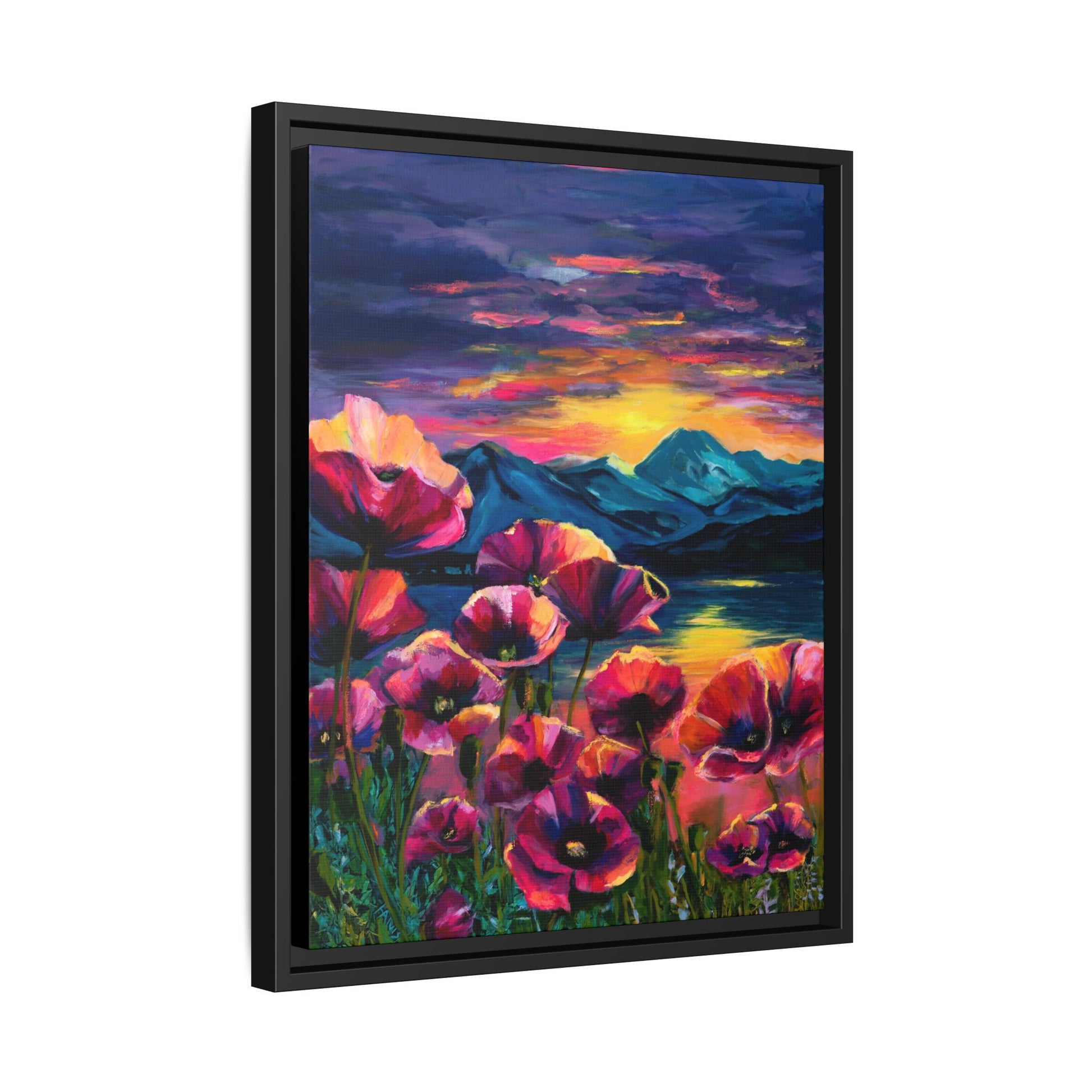 Poppy Sunset at the Lake — Framed Canvas