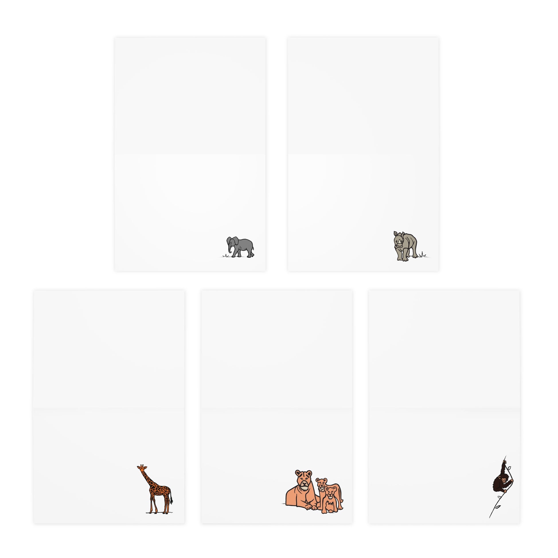 Safari Animal Blank Greeting Cards — 5-Pack (Elephant, Rhino, Giraffe, Lion, Chimp)