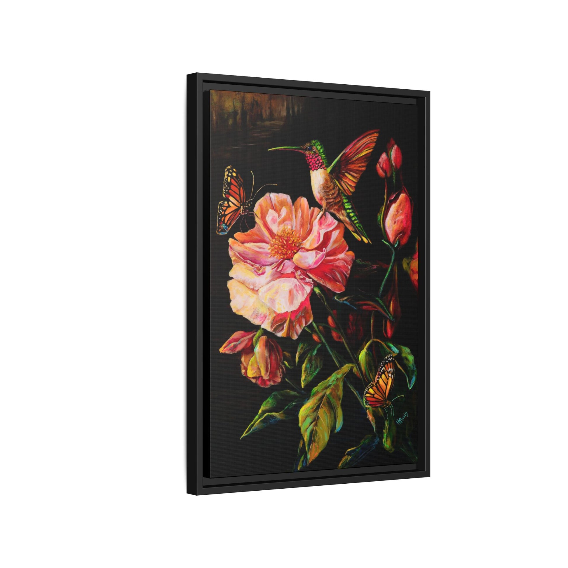 First Light: Hummingbird and the Peony — Framed Canvas
