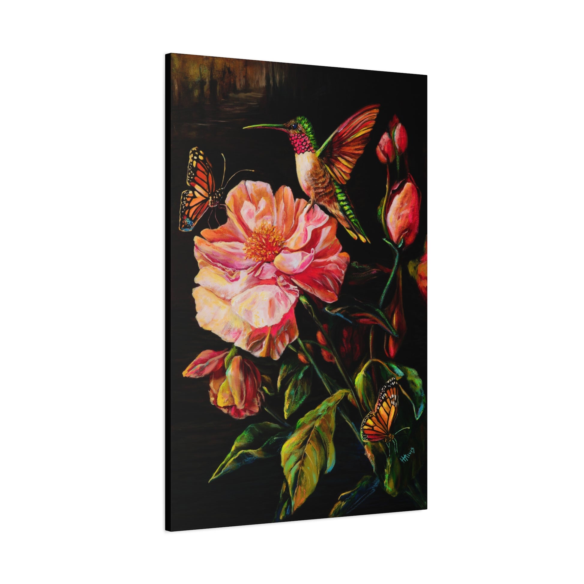 First Light: Hummingbird and the Peony — Stretched Canvas