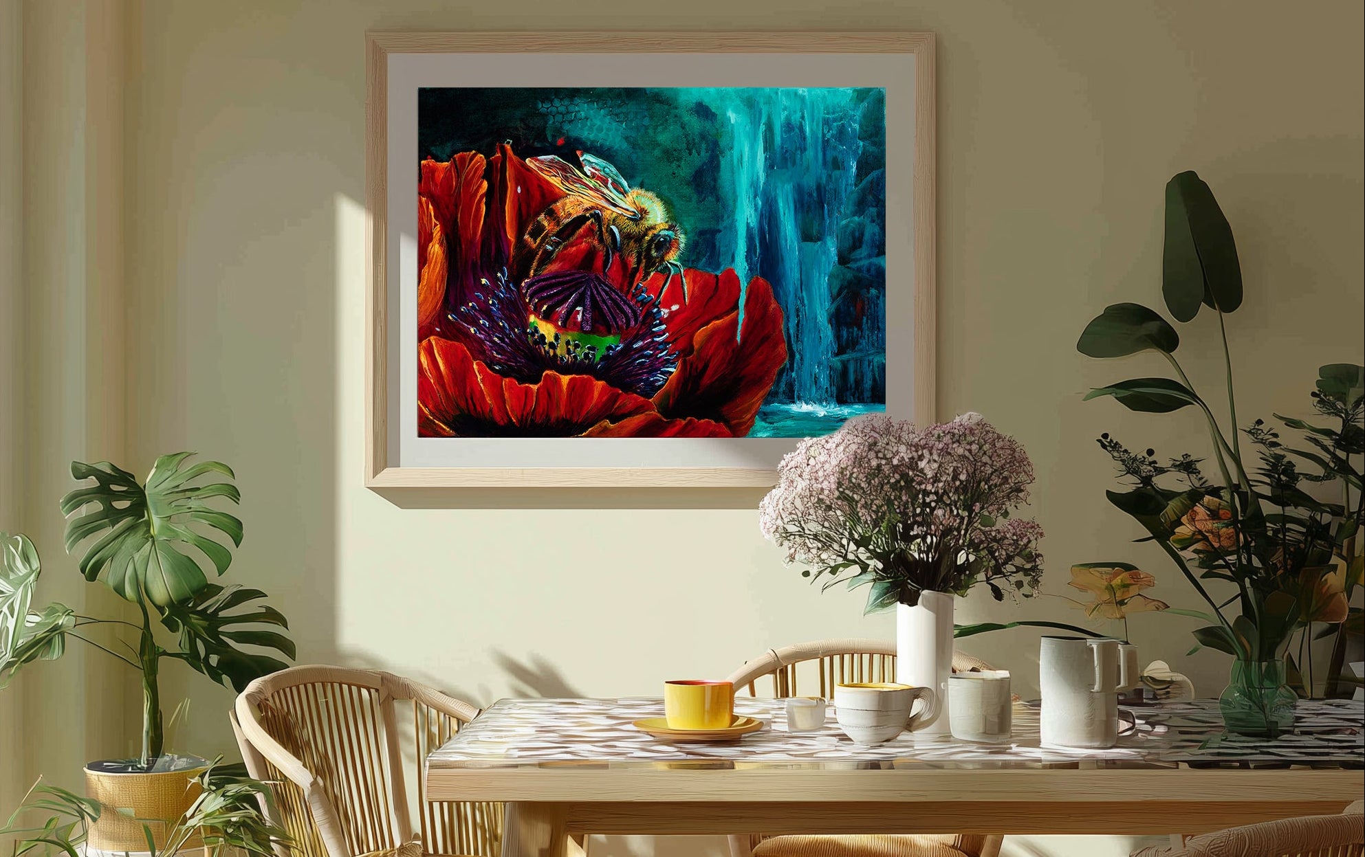 The honeybee and poppy painting on a dining room wall