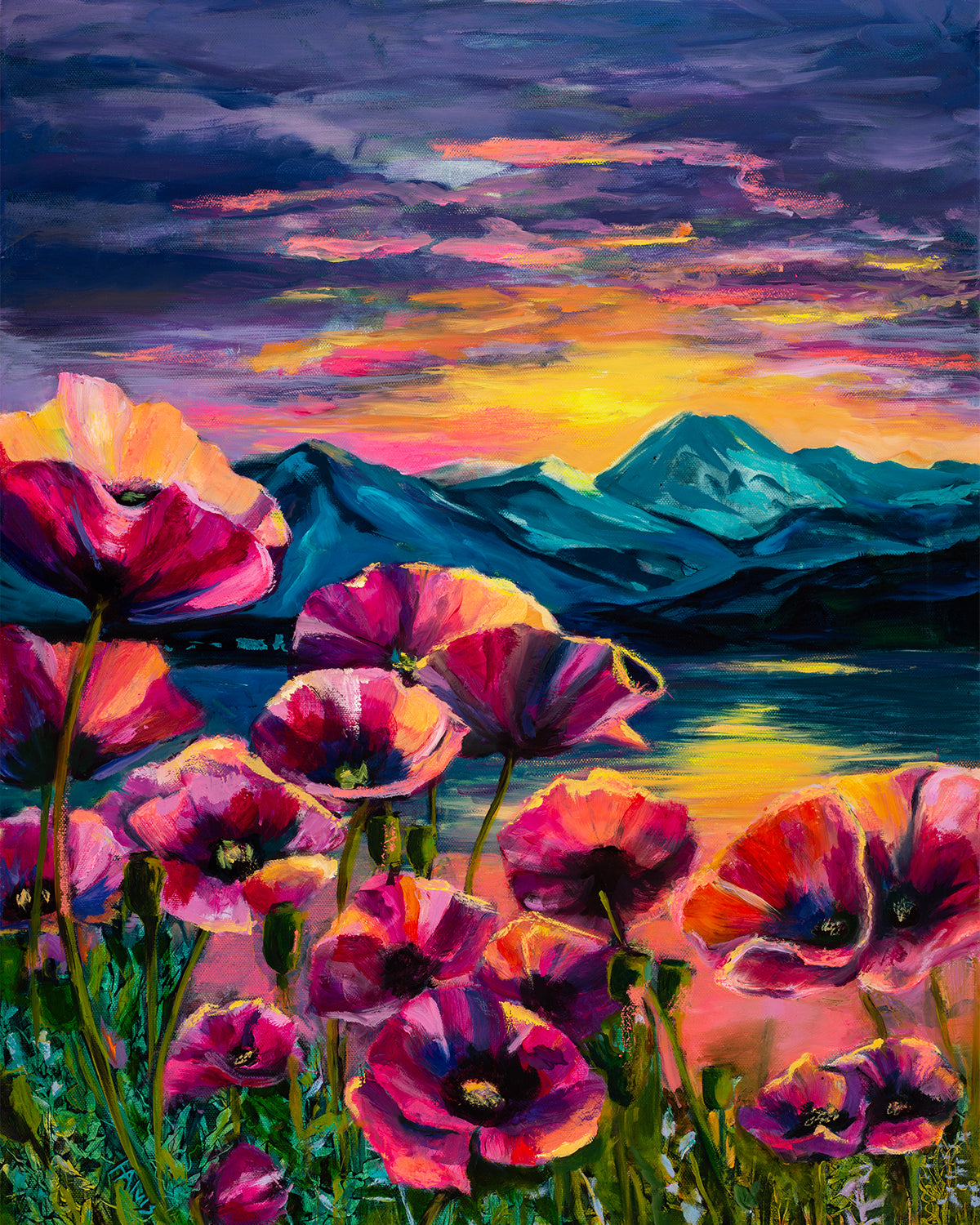 Poppy Sunset at the Lake - Original