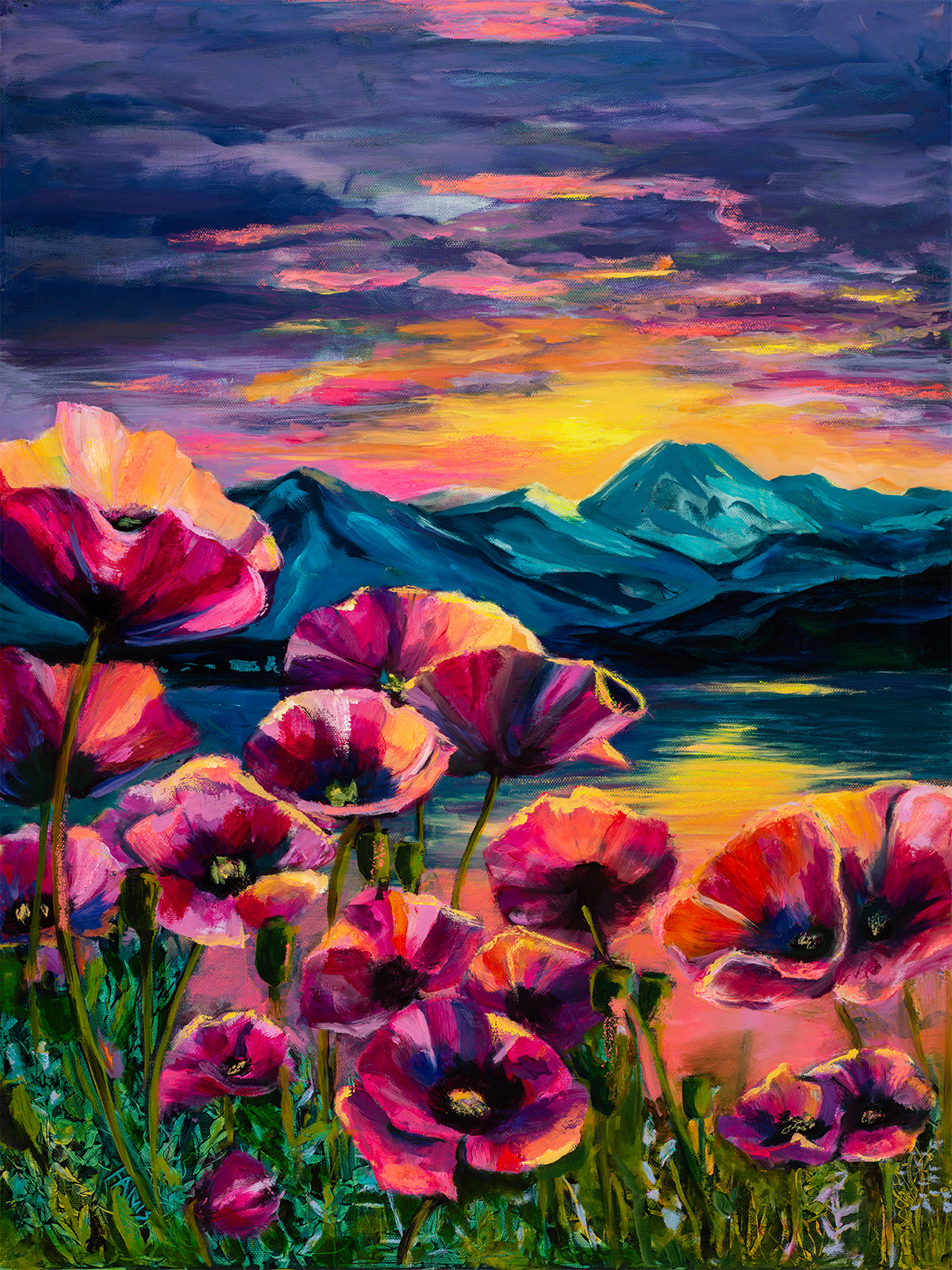 Poppy Sunset at the Lake - Original